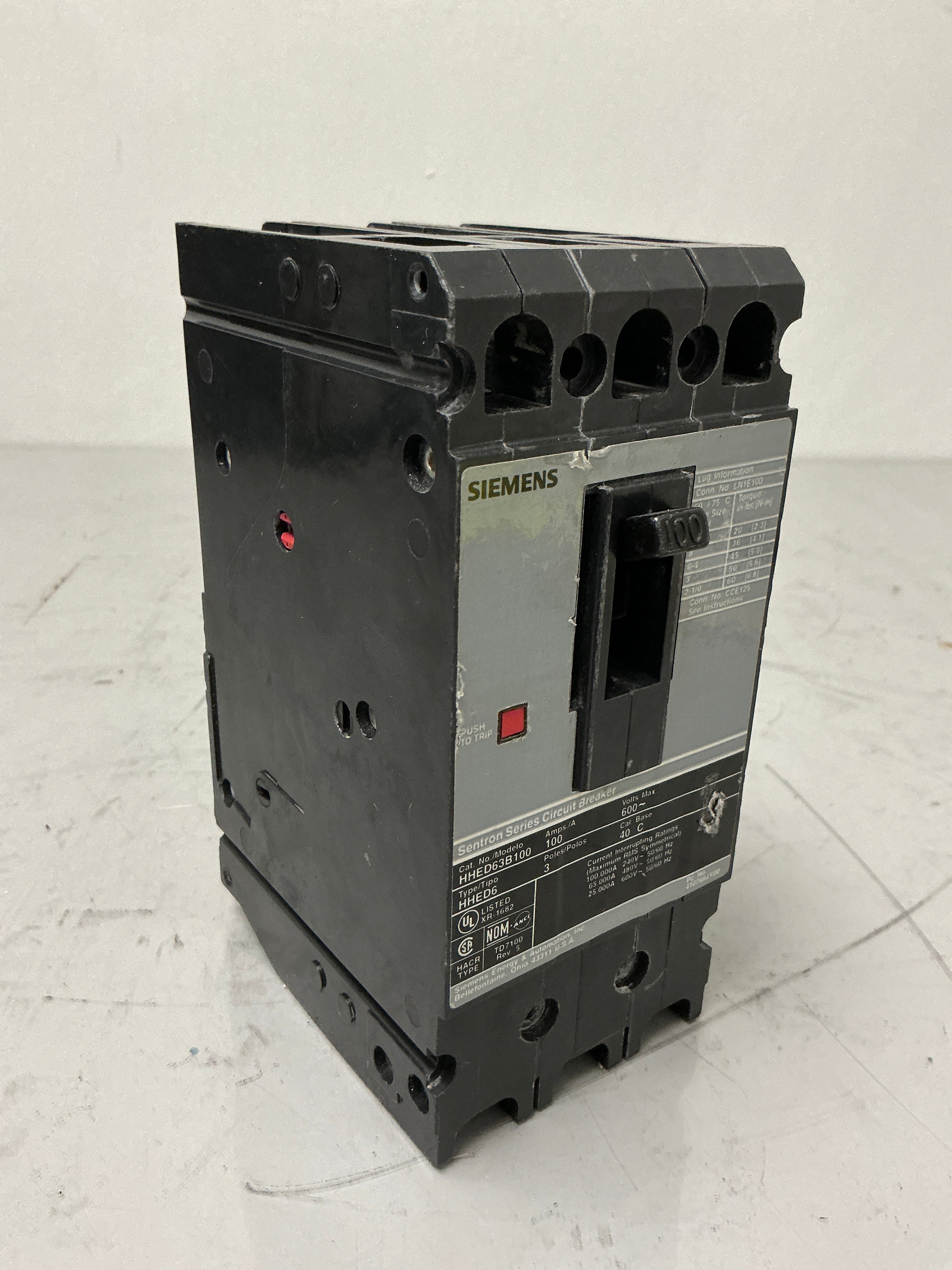 Used Siemens HHED63B100 3 Pole, 100 Amps, 600 Volts Circuit Breaker