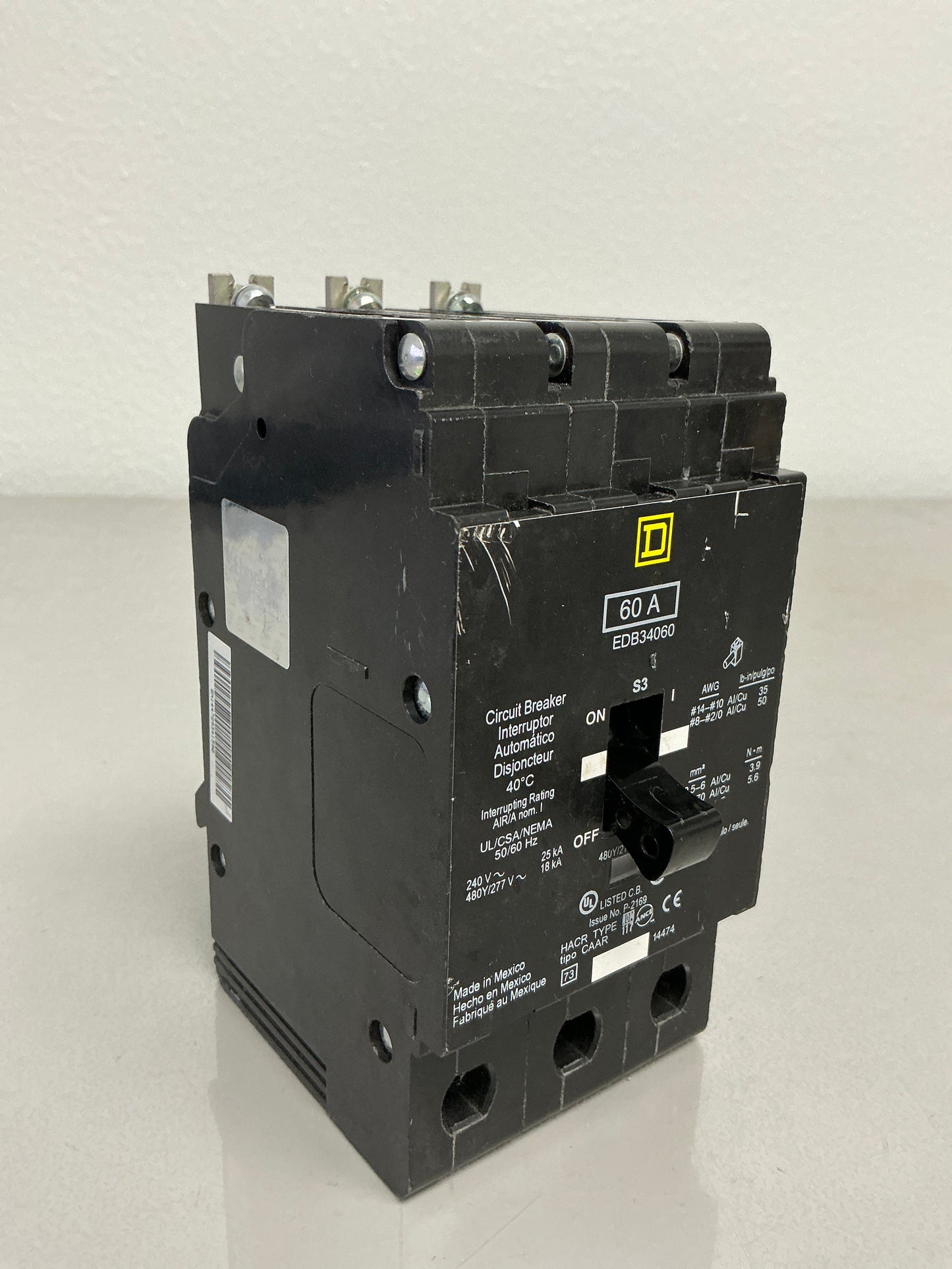 Used Square D EDB34060 3 Pole, 60 Amps, 480/277 Volts