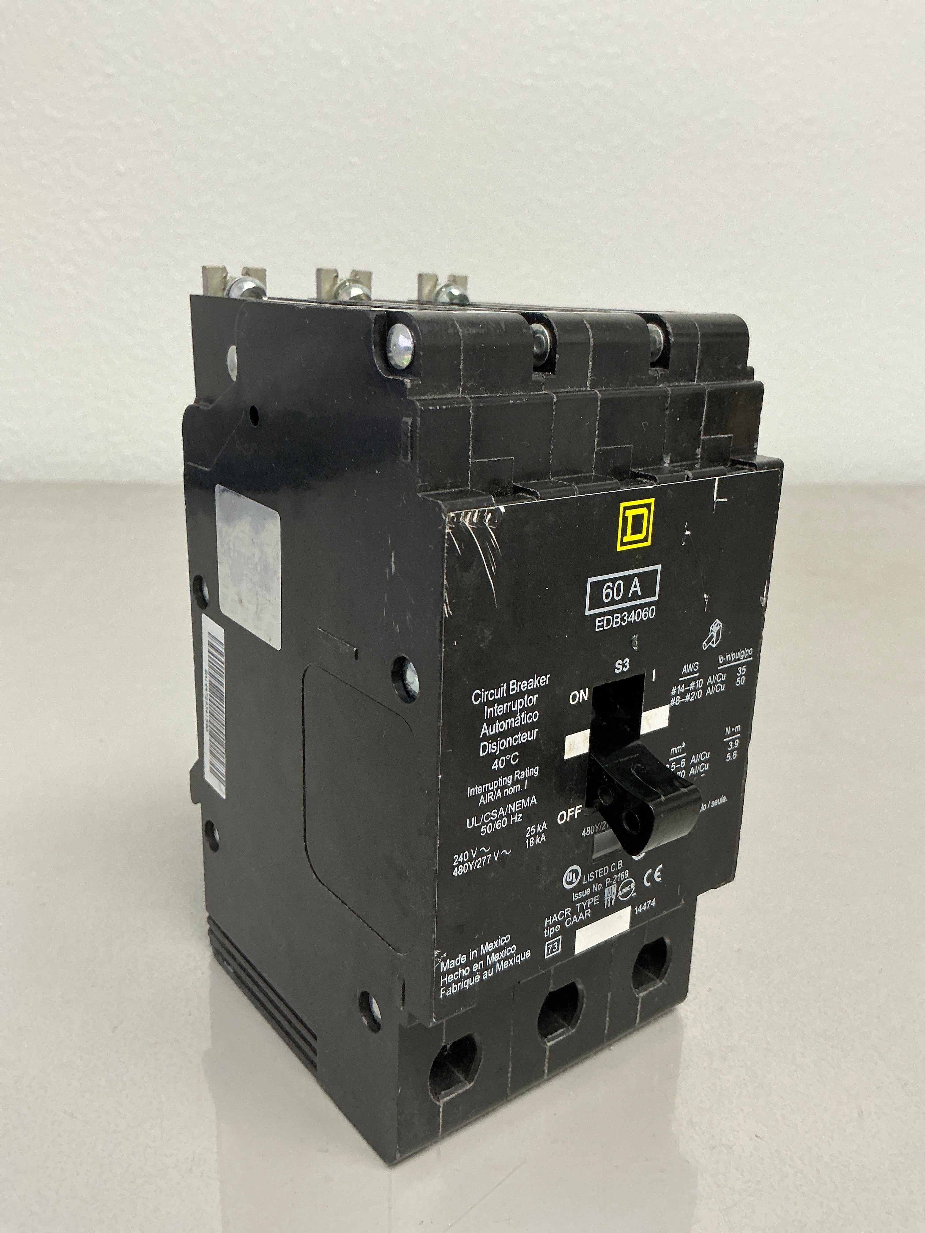 Used Square D EDB34060 3 Pole, 60 Amps, 480/277 Volts