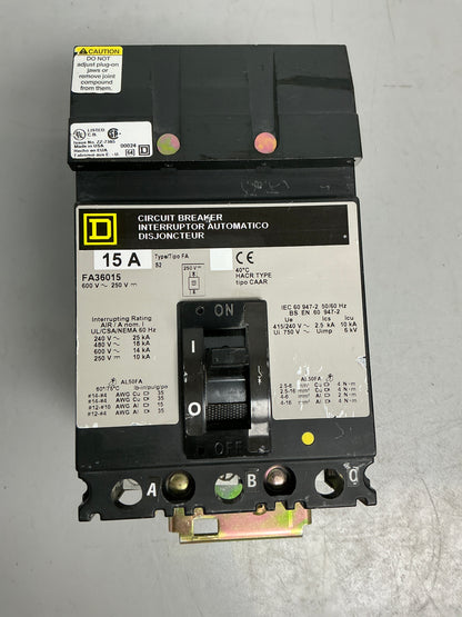 Used Square D FA36015 3 Pole, 15 Amps, 600 Volts
