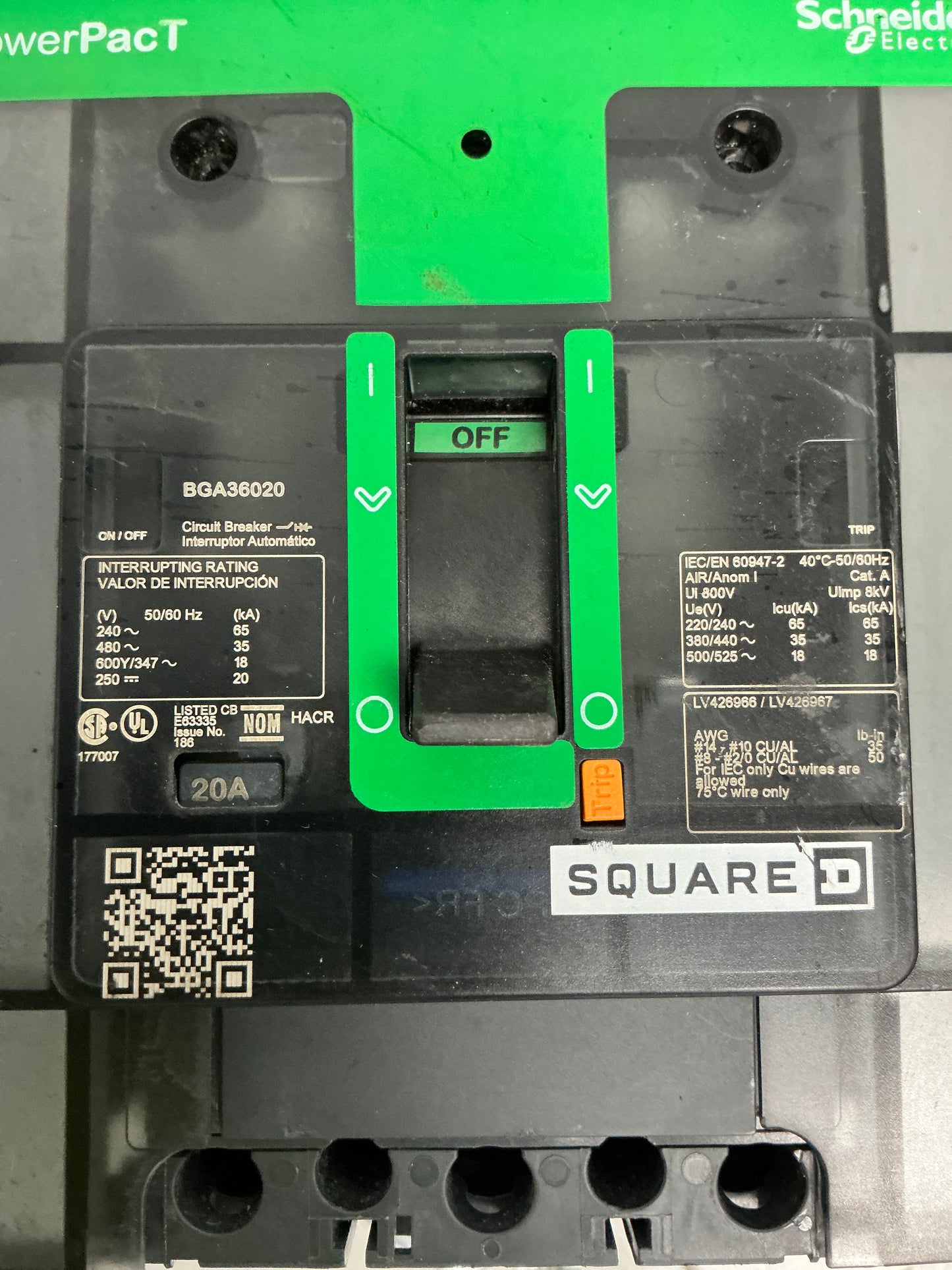 Used Square D BGA36020 3 Pole, 600 Volts, 20 Amps