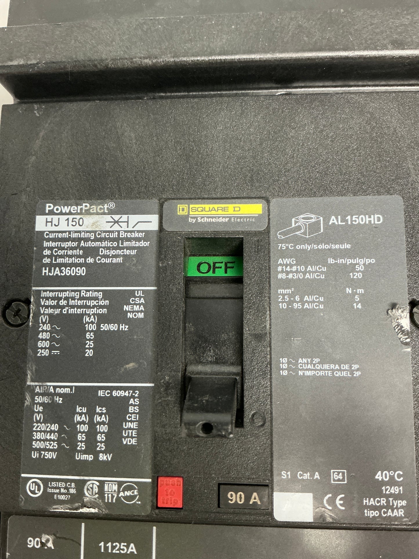 Used Square D HJA36090 3 Pole, 90 Amps, 600 Volts