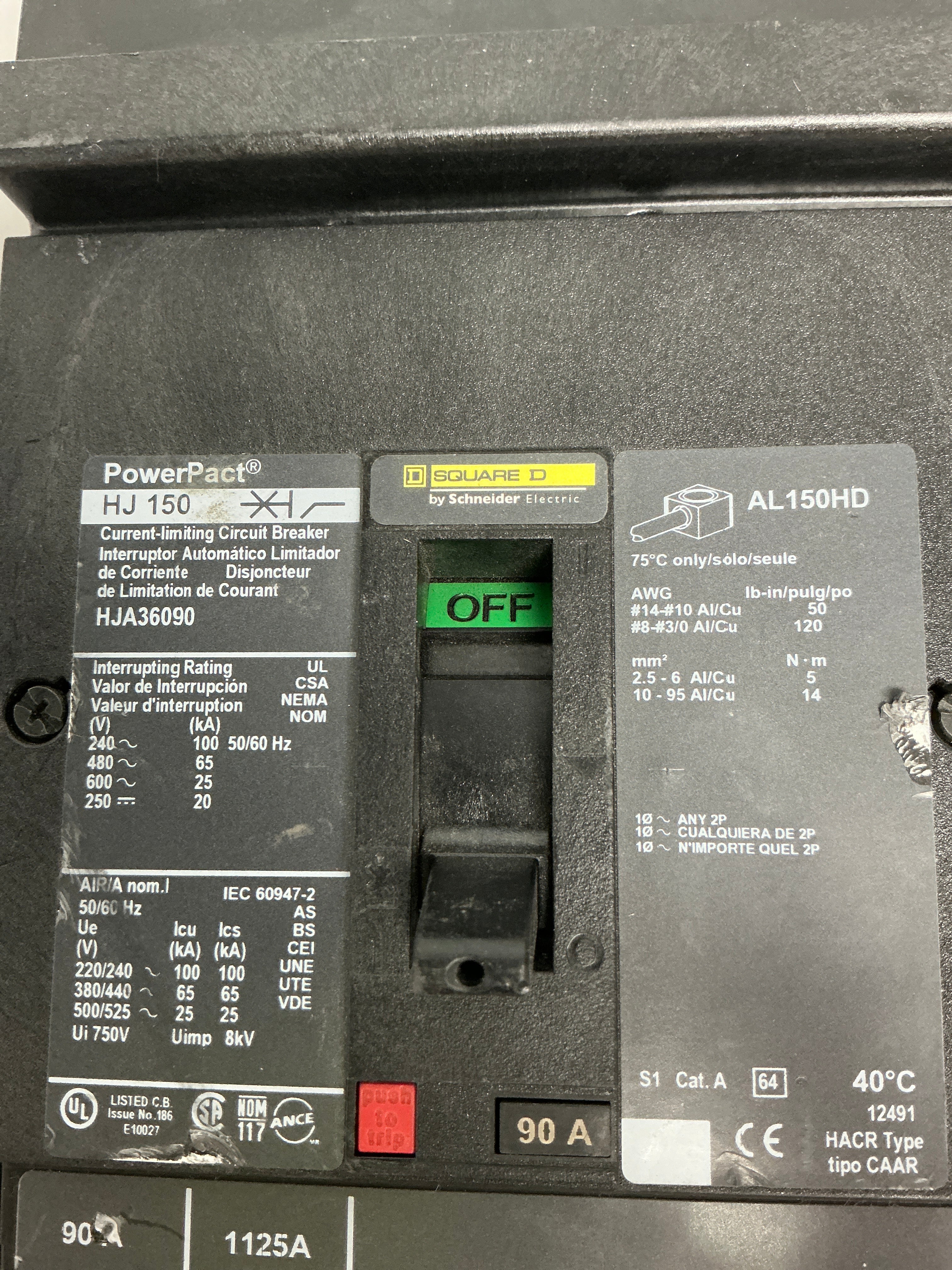 Used Square D HJA36090 3 Pole, 90 Amps, 600 Volts