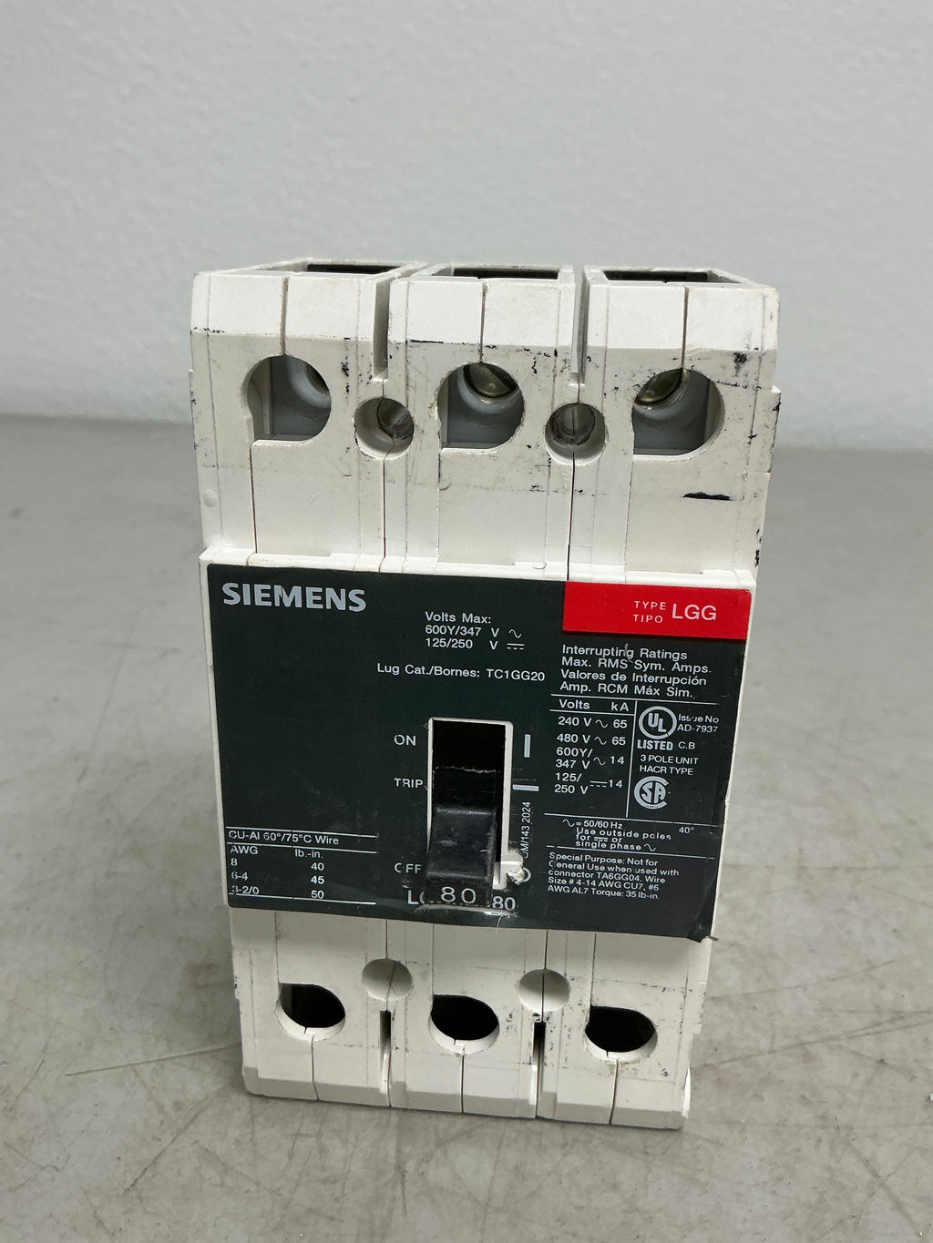 Used Siemens LGG3B080 3 Pole, 80 Amps Circuit Breaker