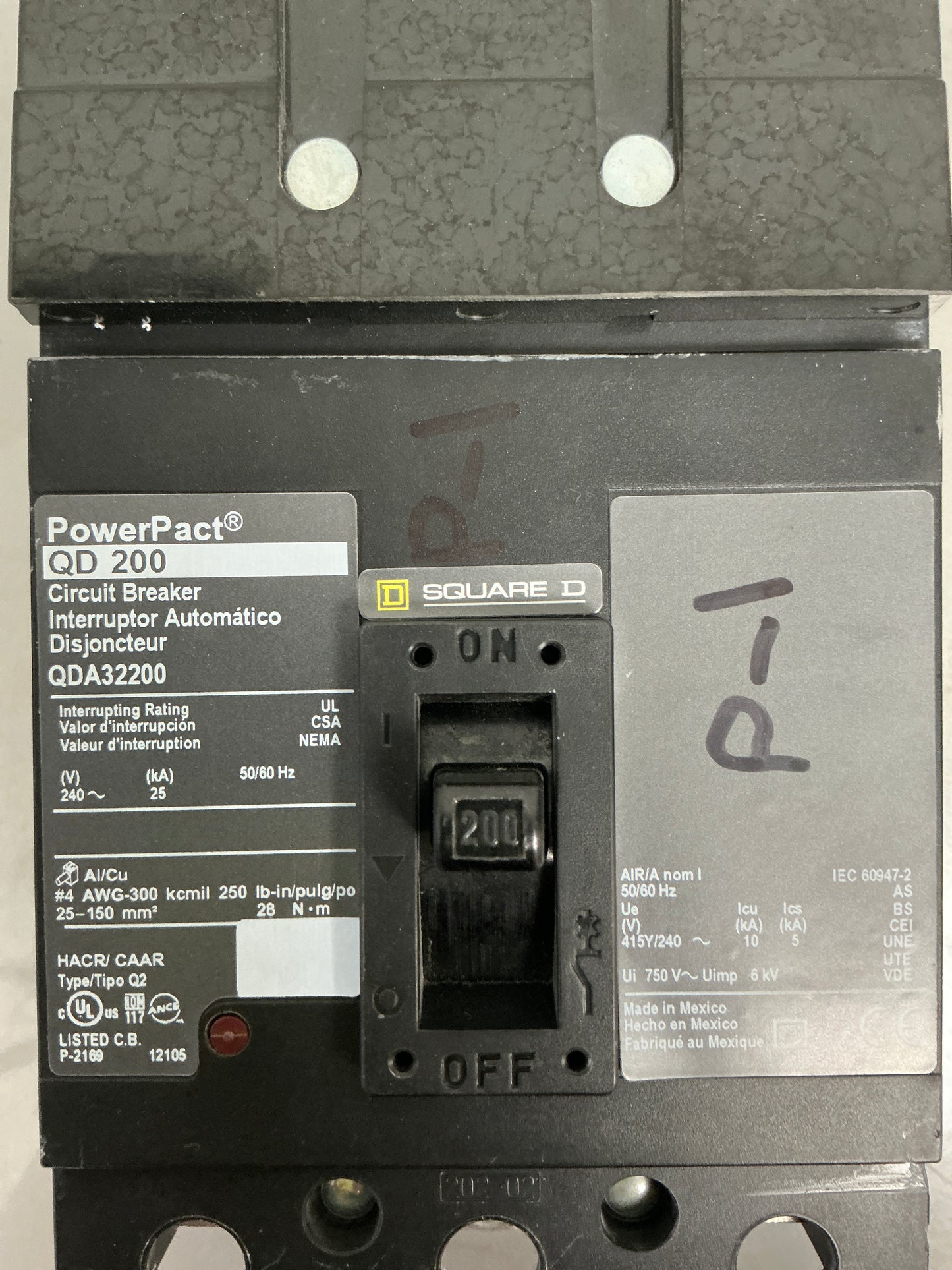 Used Square D QDA32200 3 Pole, 200 Amps, 240 Volts