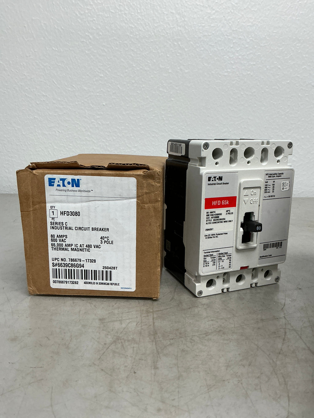 New Eaton HFD3080 3 Pole, 80 Amps, 600 Volts Circuit Breaker