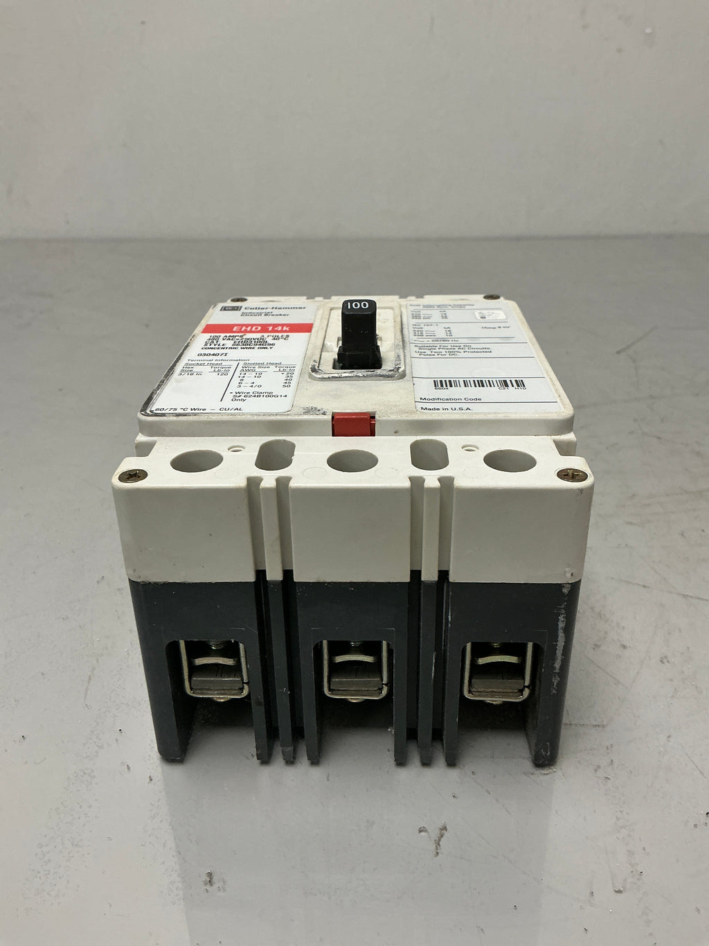 Used Cutler-Hammer EHD3100L 3 Pole, 100 Amps, 480 Volts Circuit Breaker