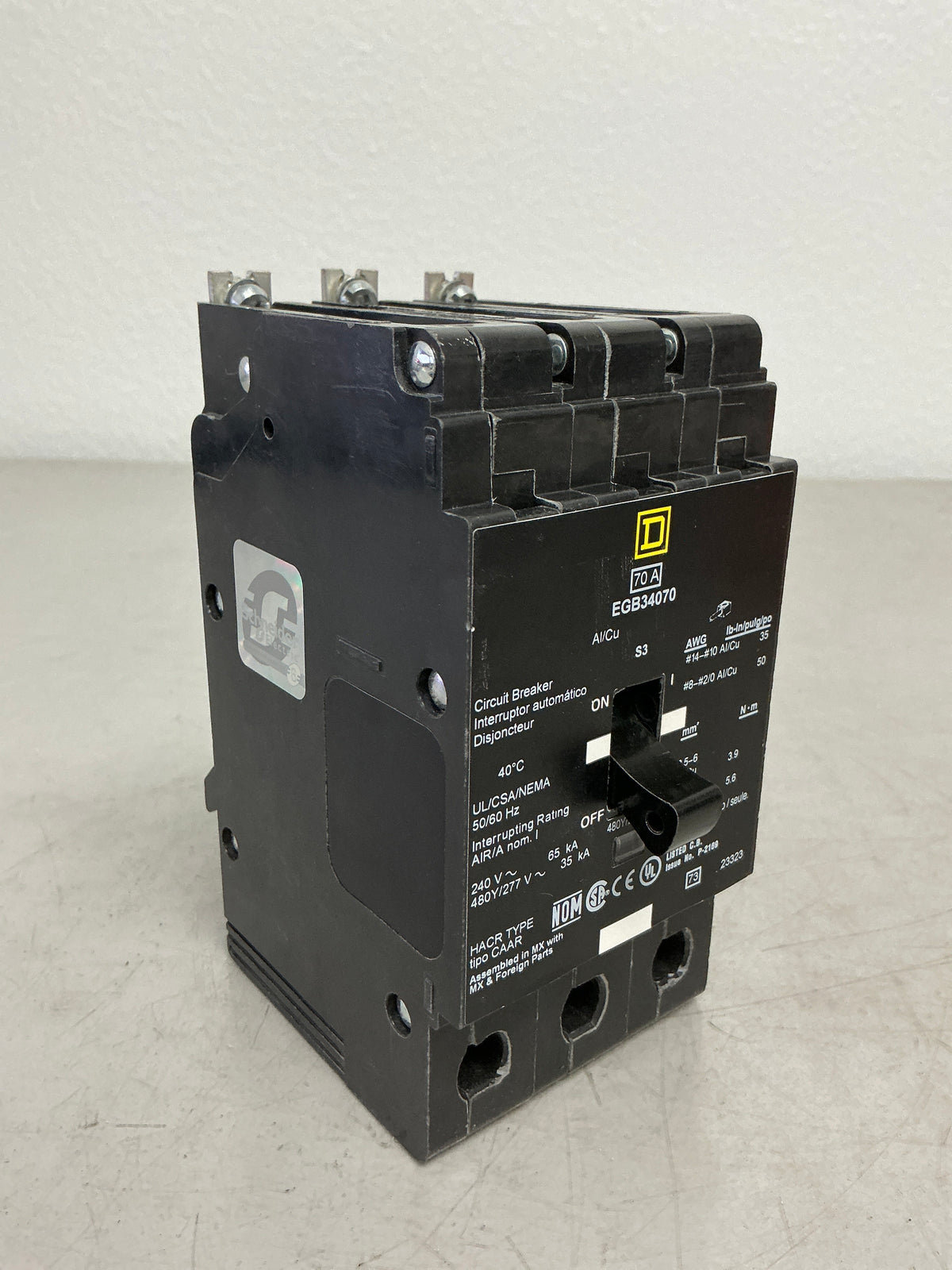 Used Square D EGB34070, 3 Pole, 70 Amps, 480 Volts, Circuit Breaker