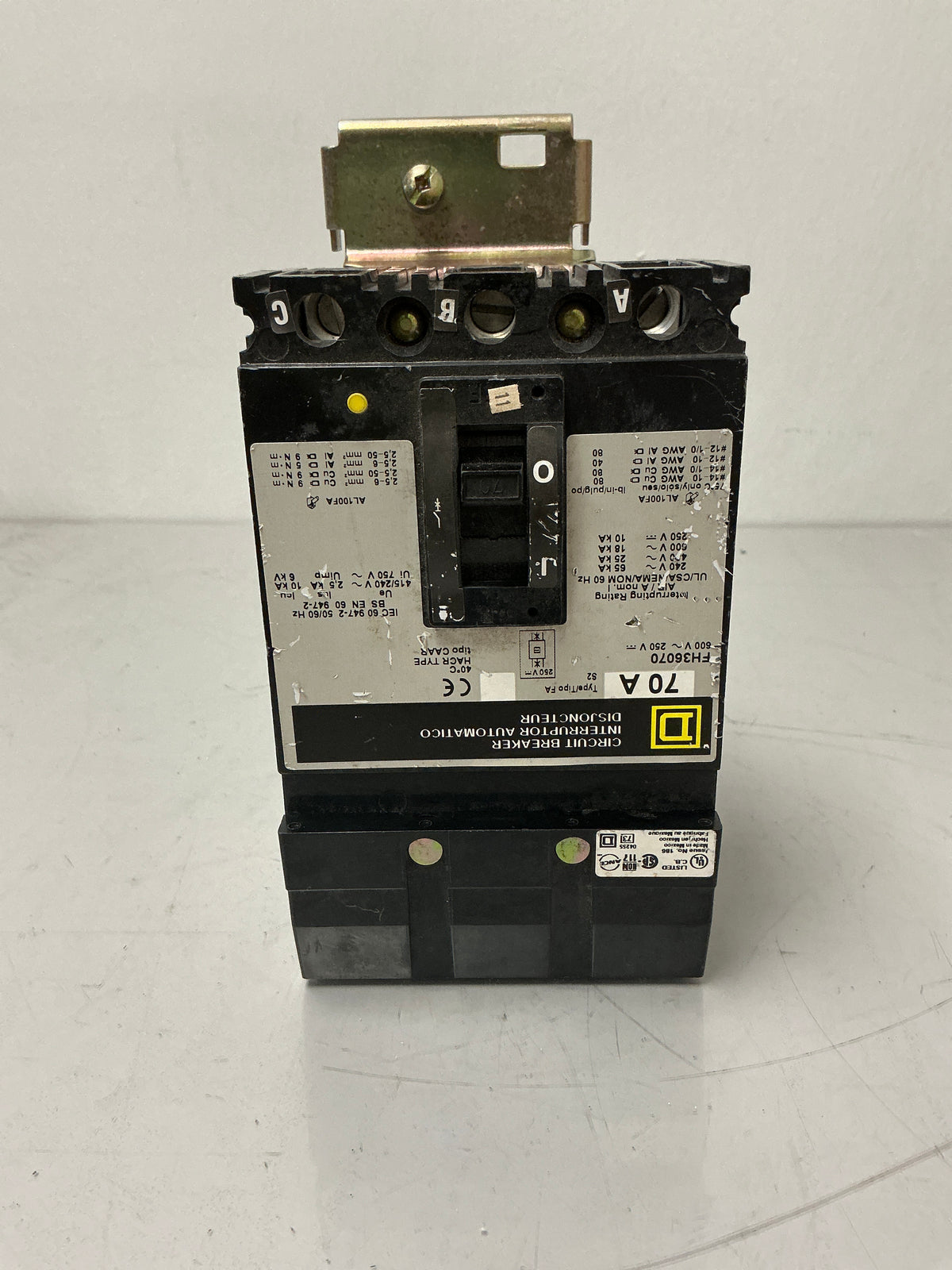 Used Square D FH36070 3 Pole, 70 Amps, 600 Volts Circuit Breaker