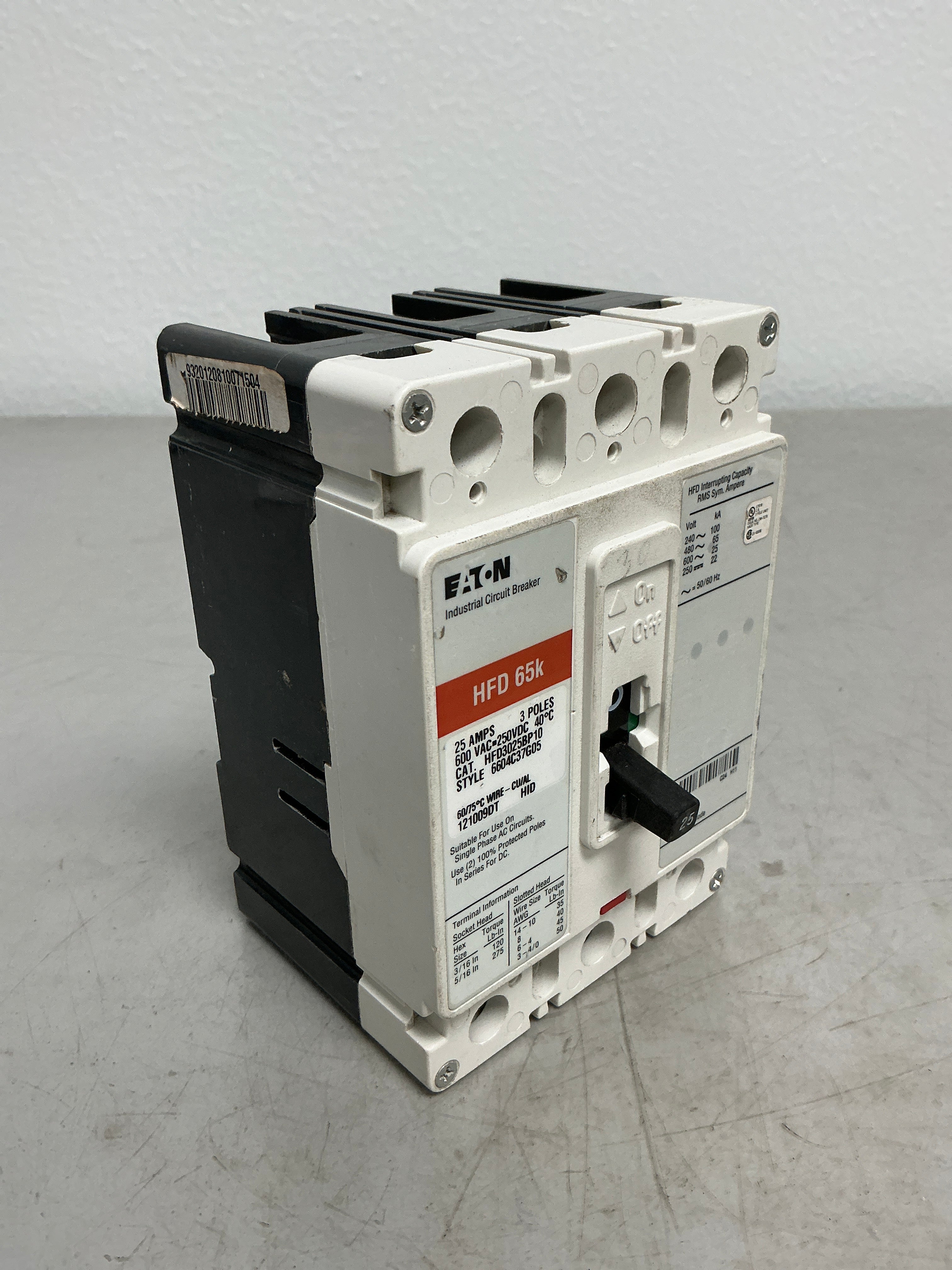 Used Eaton HFD3025BP10 3 Pole, 25 Amps, 600 Volts