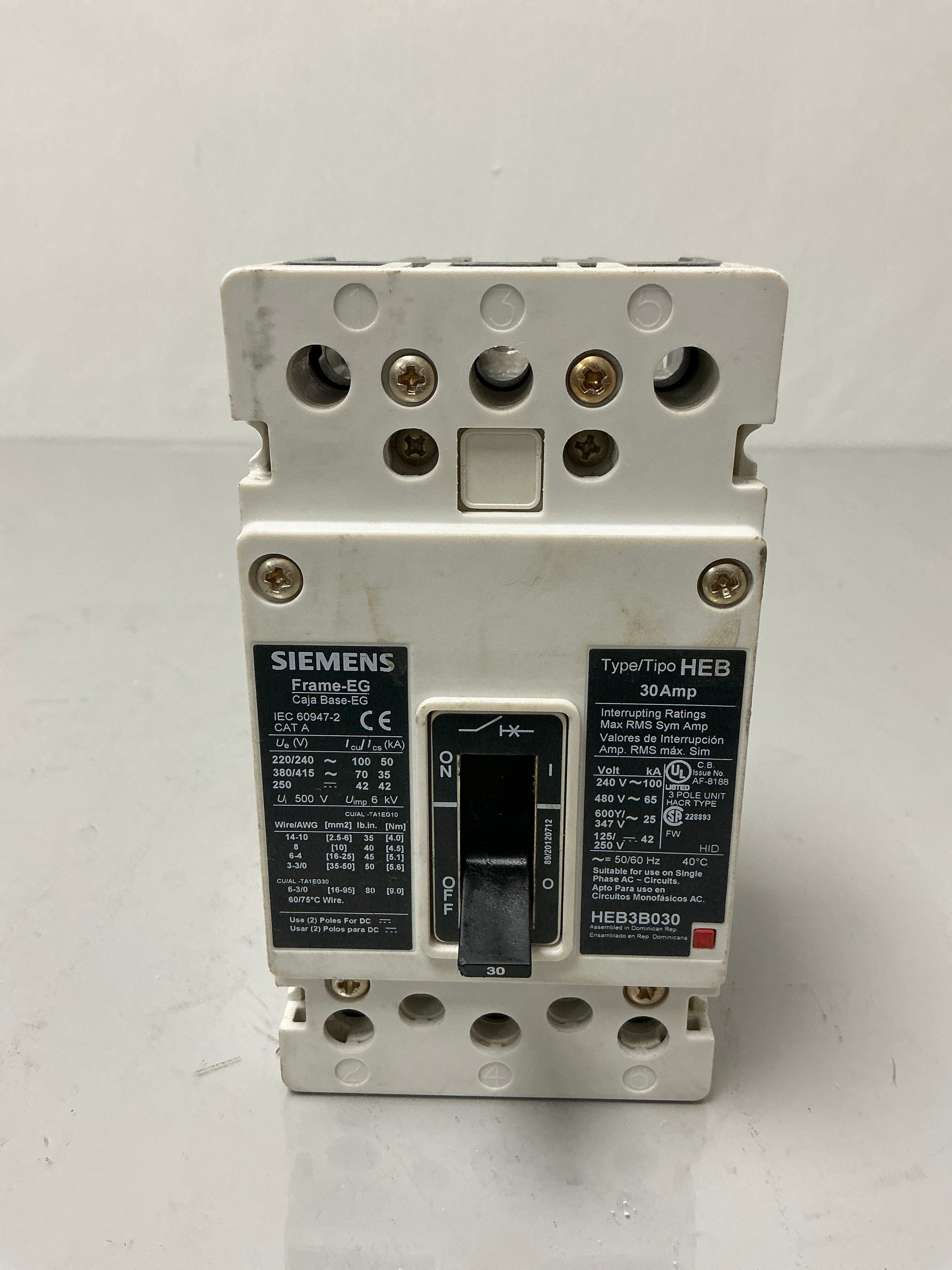 Used Siemens HEB3B030 3 Pole, 30 Amps, Circuit Breaker
