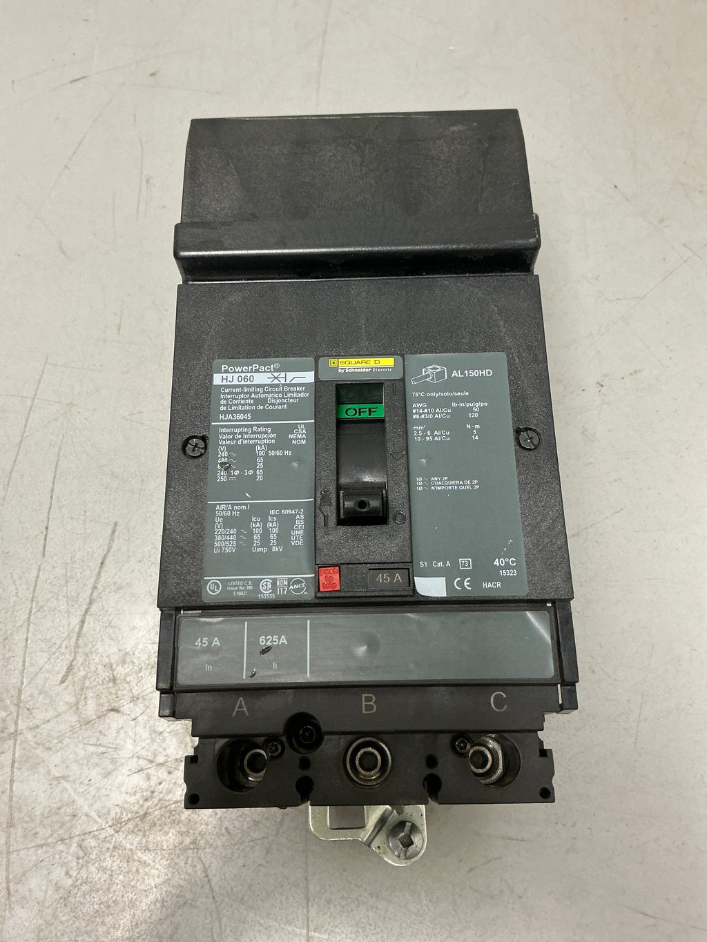 Used Square D HJA36045 3 Pole, 45 Amps, 600 Volts Circuit Breaker