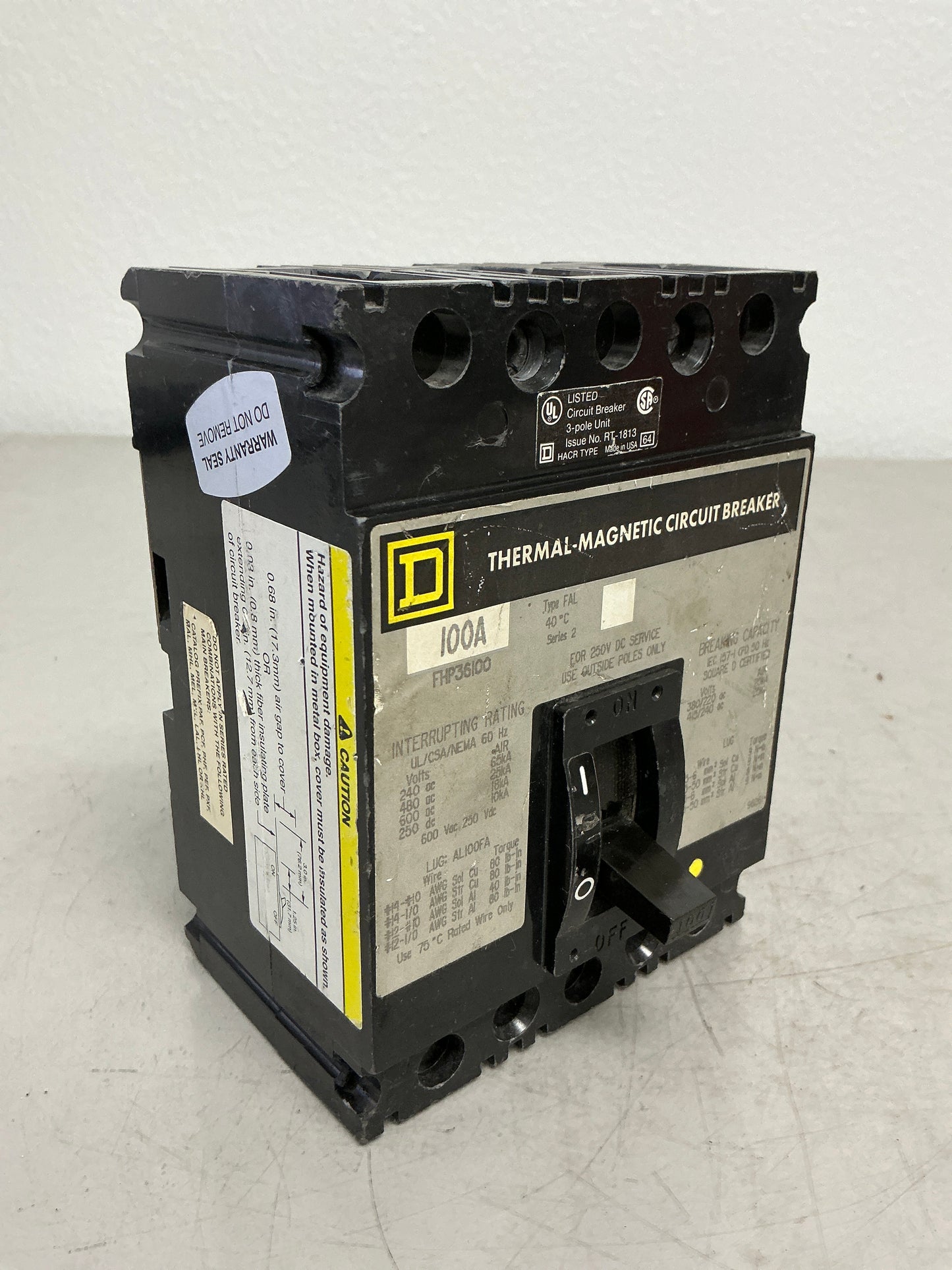 Used Square D FHP36100 3 Pole, 100 Amps, 600 Volts