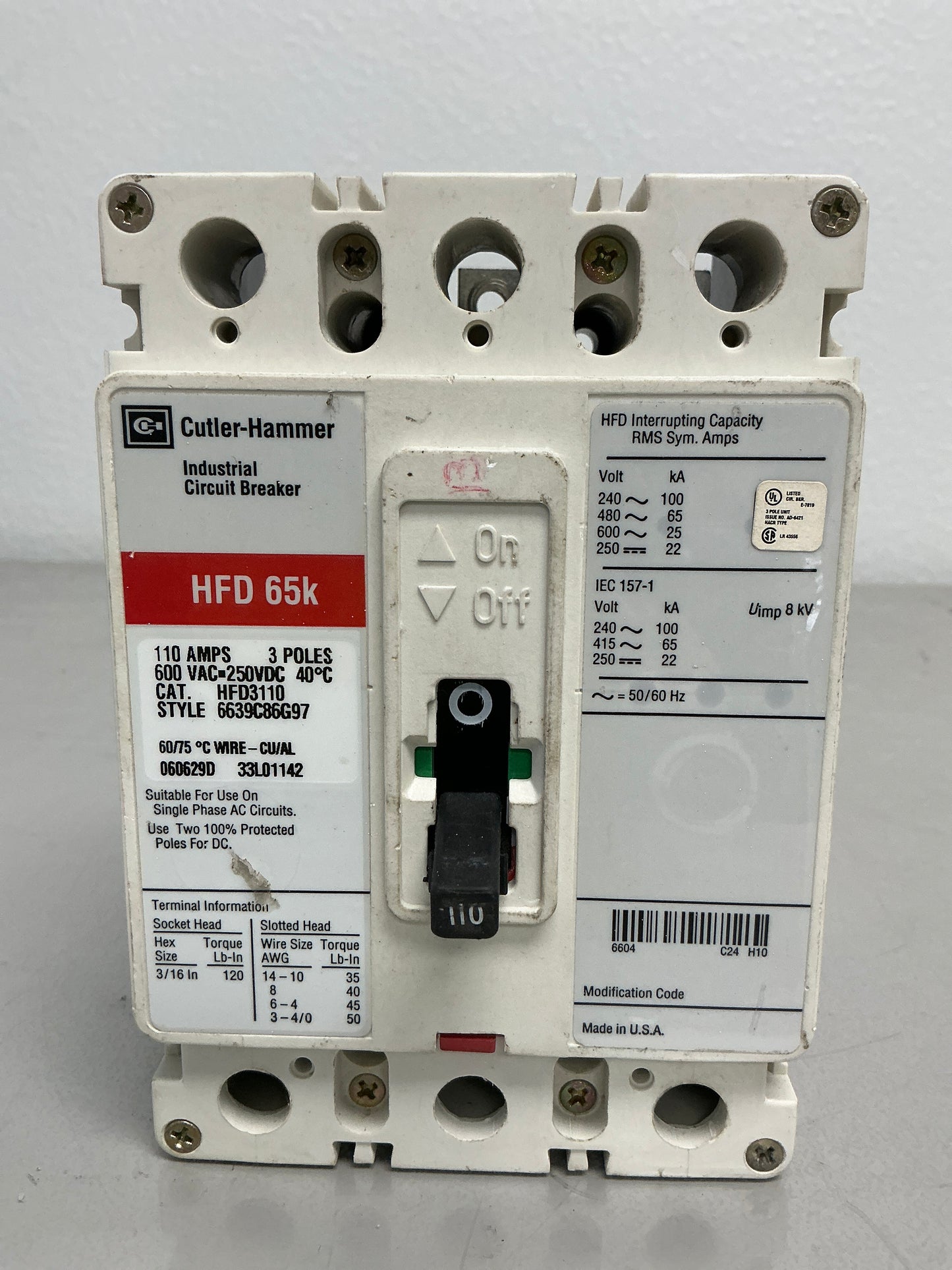 Used HFD3110 110 Amps, 3 Poles, 600 Vac, Breaker