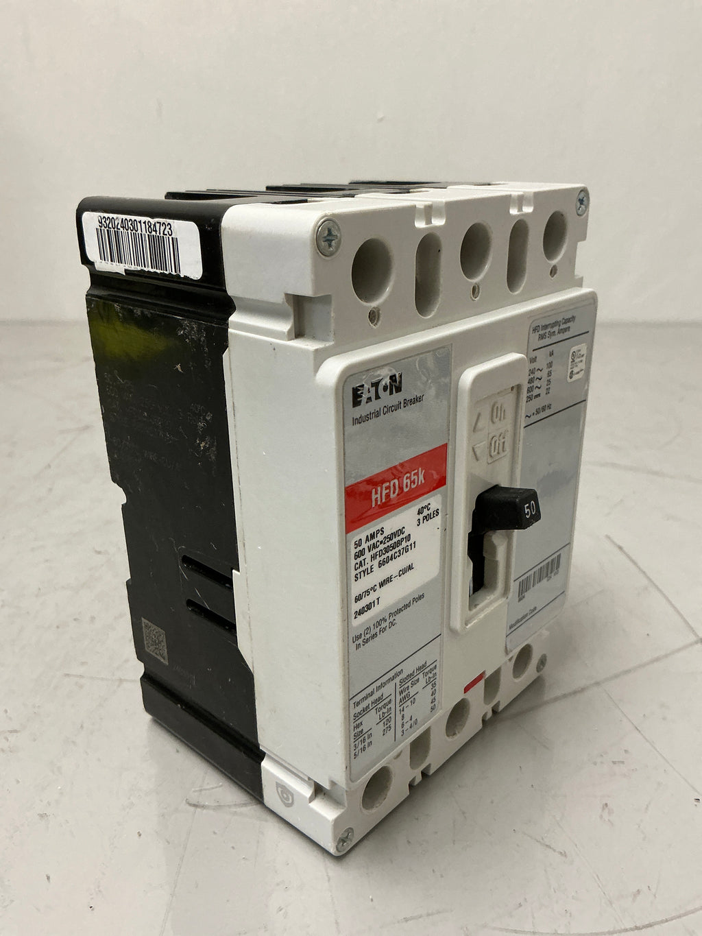 Used Eaton HFD3050PB10 3 Pole, 50 Amps, 600 Volts Circuit Breaker