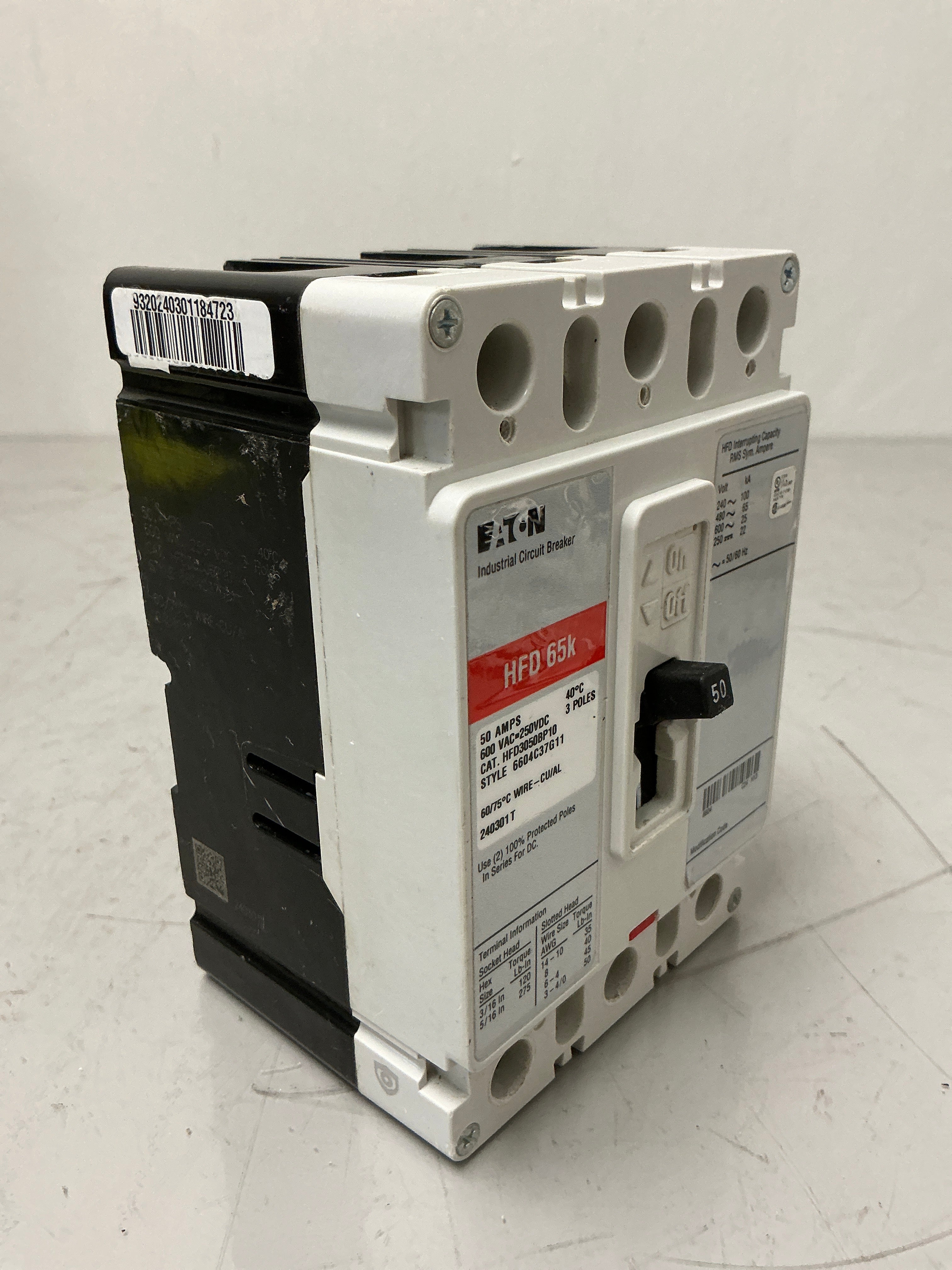 Used Eaton HFD3050PB10 3 Pole, 50 Amps, 600 Volts Circuit Breaker