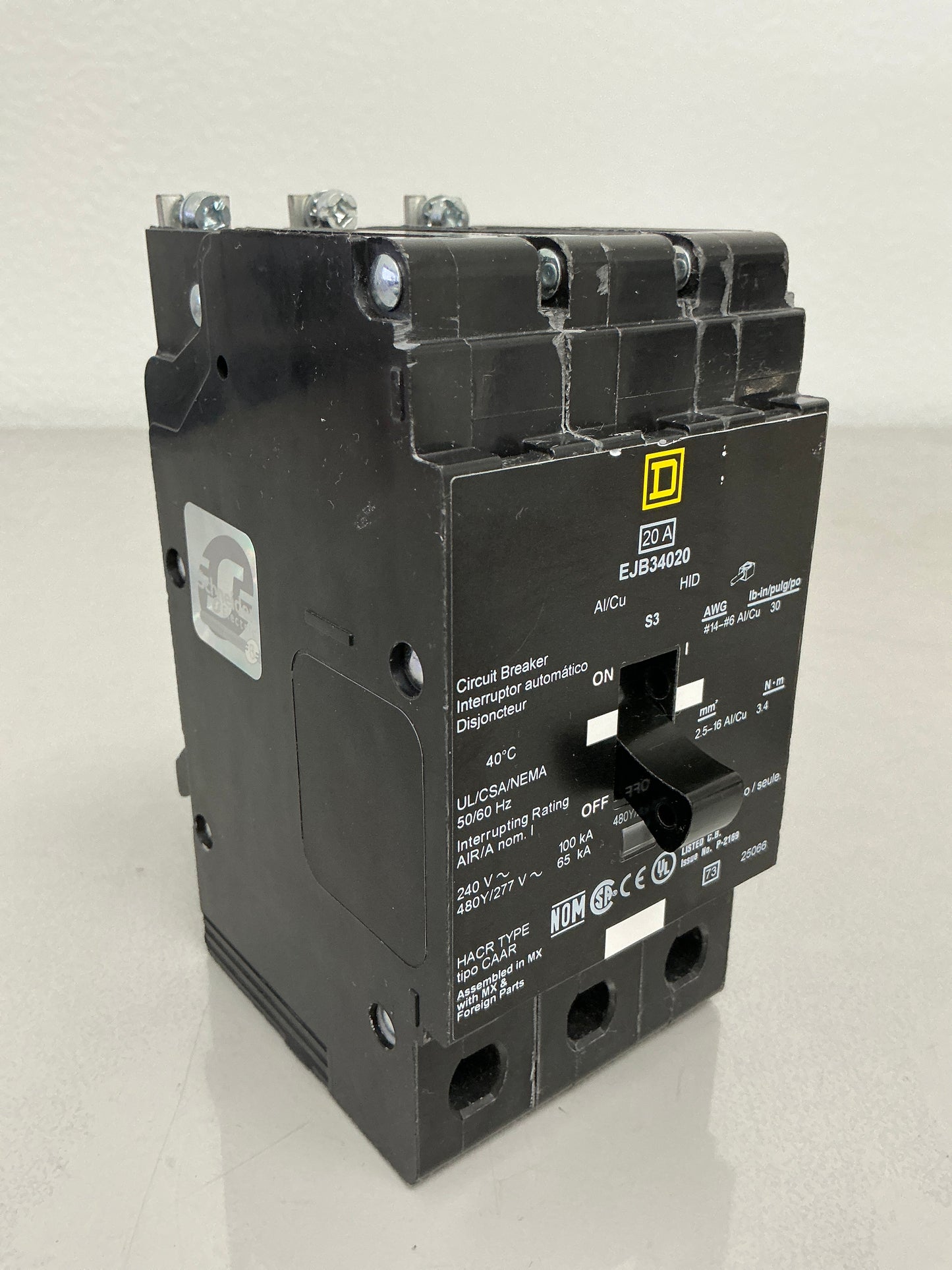 Used Square D EJB34020 3 Pole, 20 Amps, 480/277 Volts