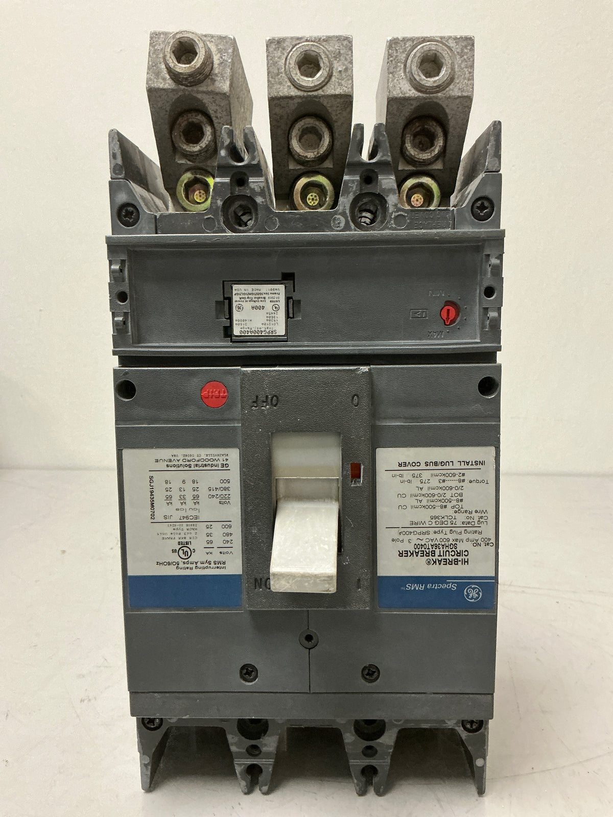 Used GE SGHA36AT0400 3 Pole, 400 Amps, 600 Volts Circuit Breaker