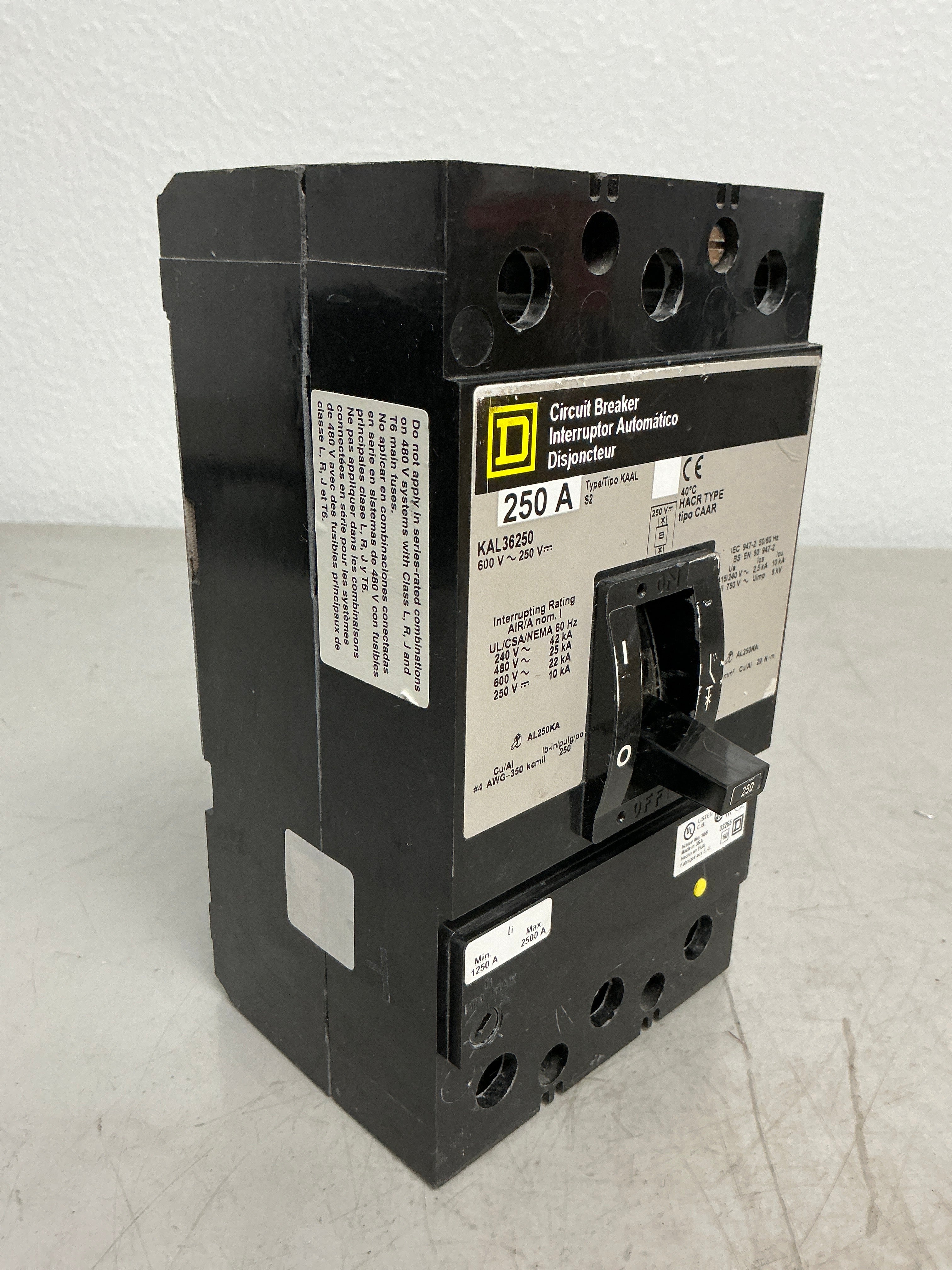Used Square D KAL36250 3 Pole, 250 Amps, 600 Volts Circuit Breaker