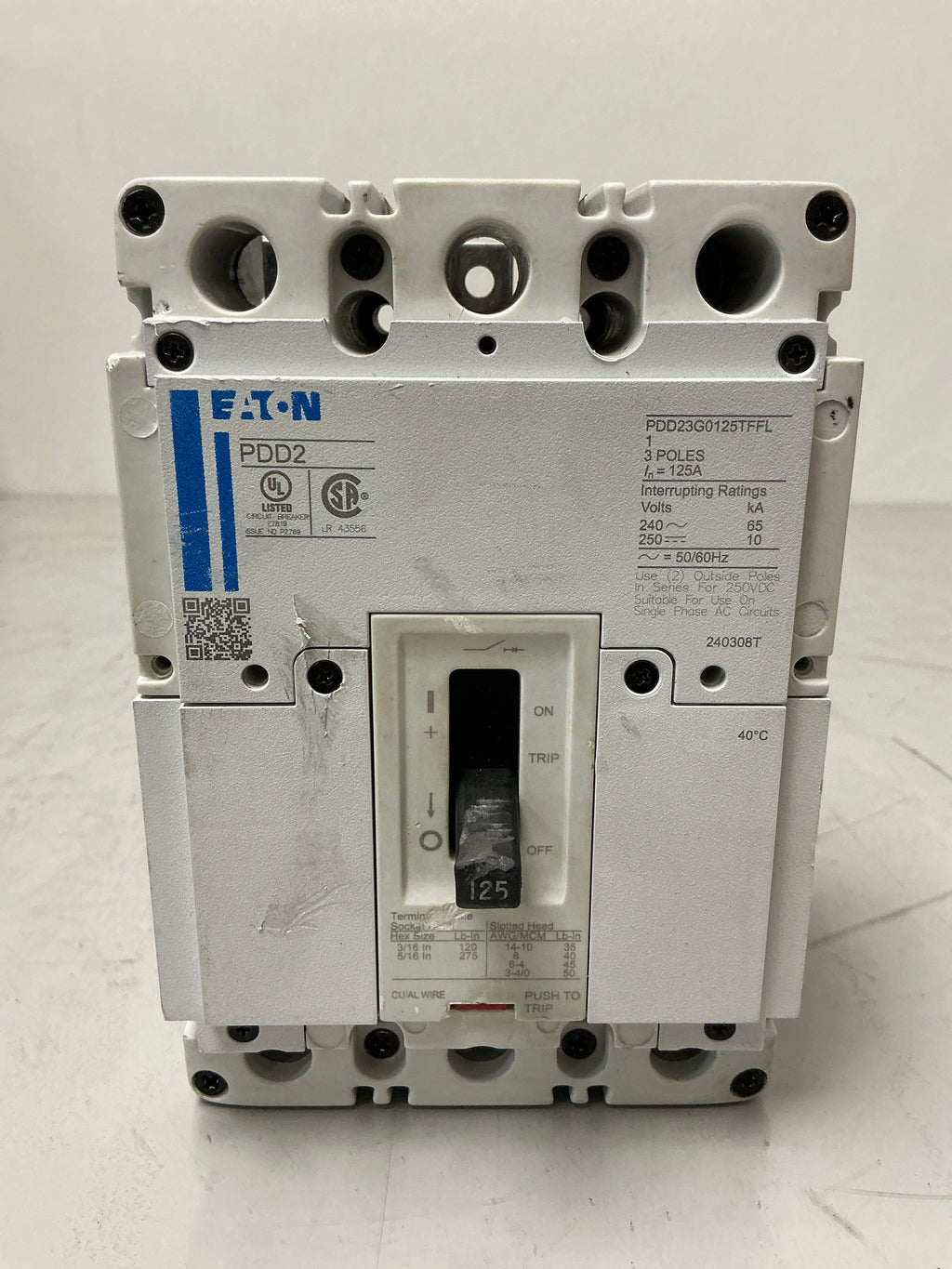 Used Eaton PDG23G0125TFFL 3 Pole, 125 Amps, Circuit Breaker