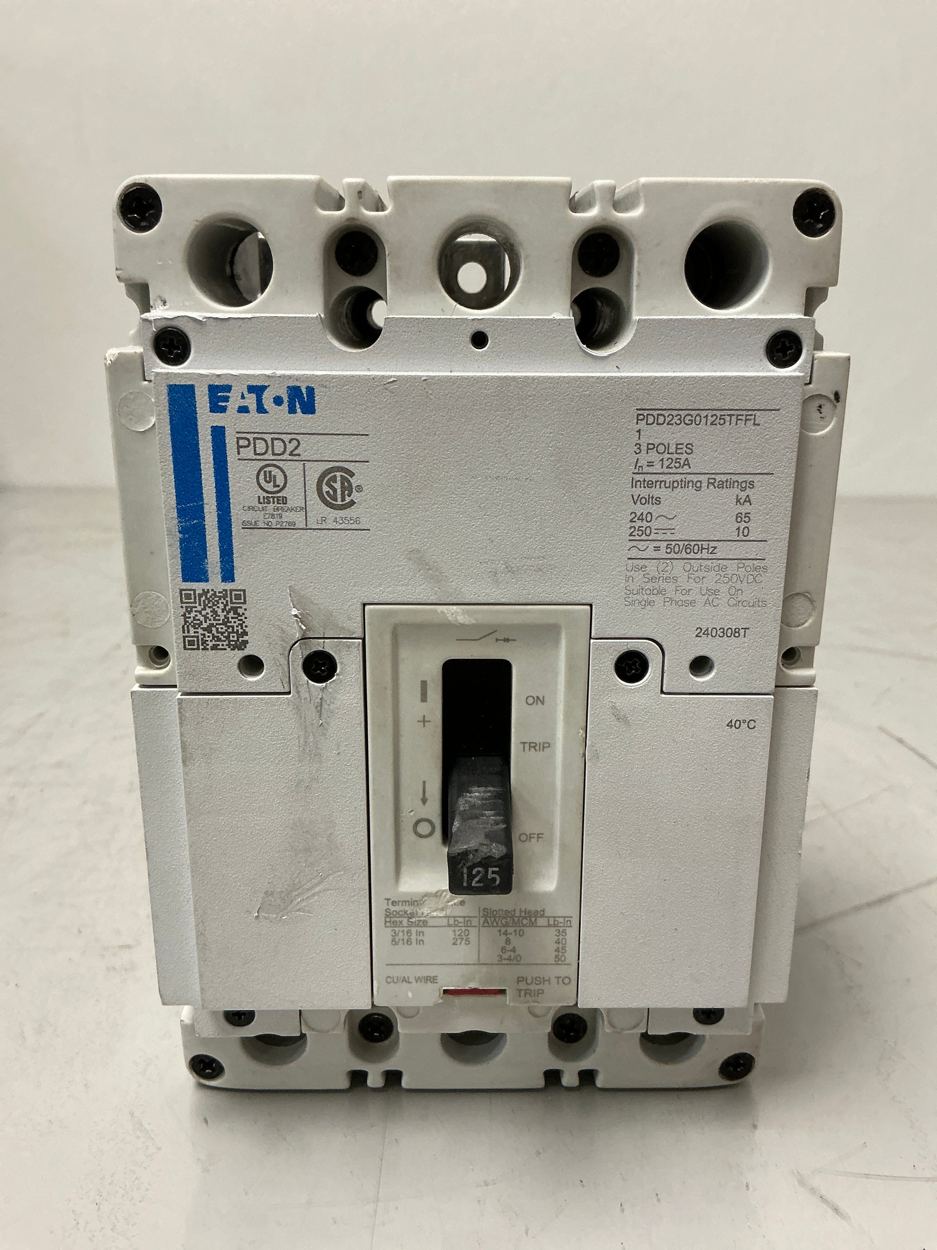 Used Eaton PDG23G0125TFFL 3 Pole, 125 Amps, Circuit Breaker
