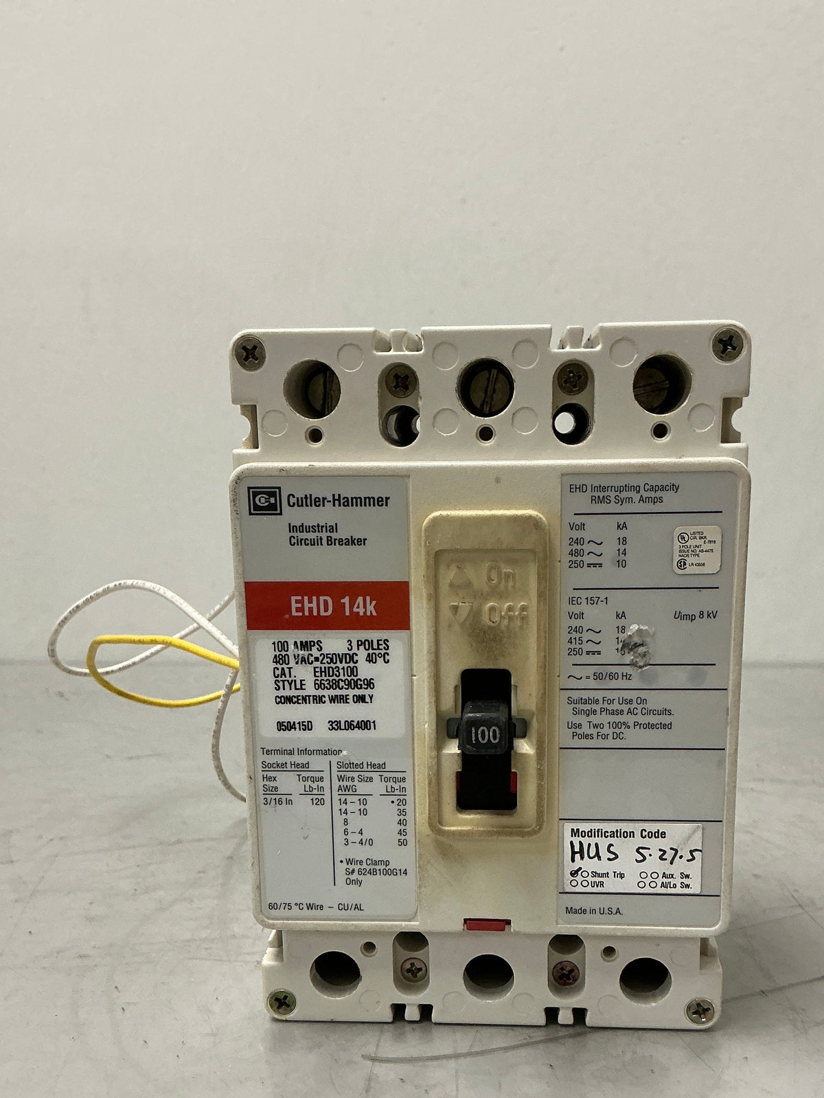 Used Cutler-Hammer EHD3100 whit Shunt trip 3 Pole, 100 Amps, 480 Volts, Circuit Breaker