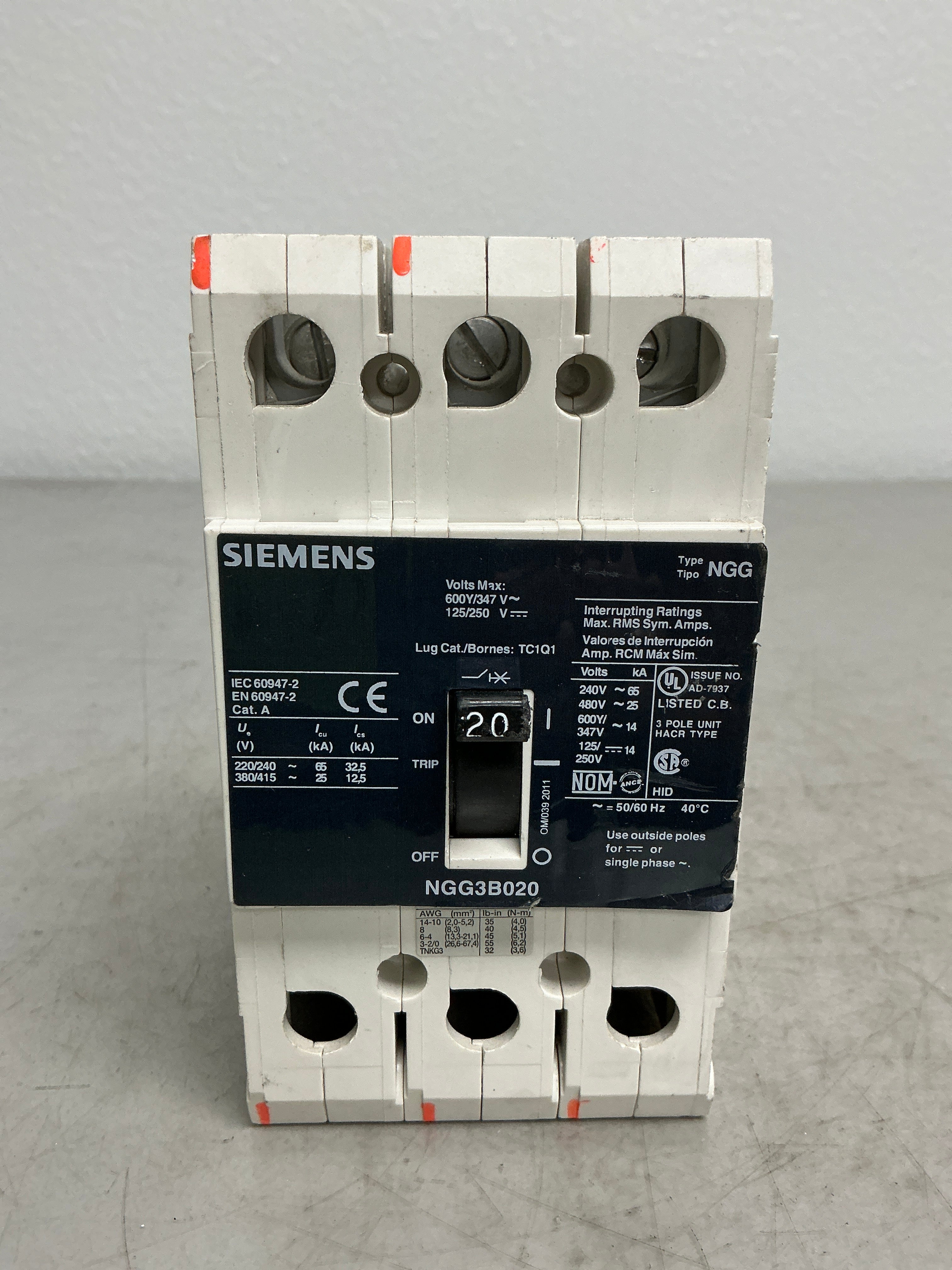 Used Siemens NGG3B020 3 Pole, 20 Amps, 480 Volts