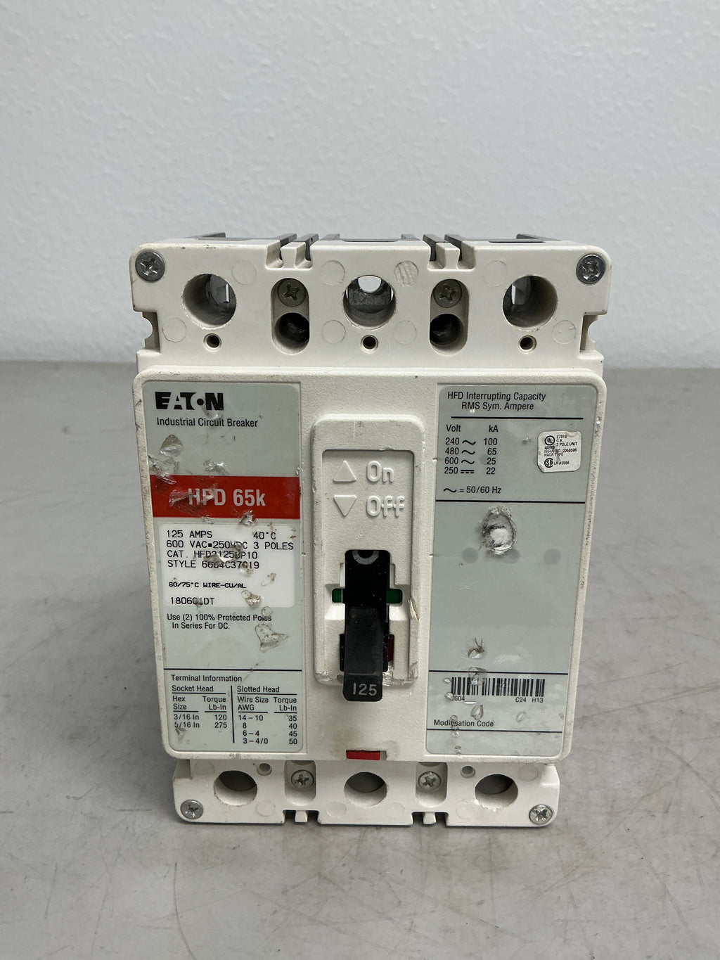 Used Eaton HFD3125BP10 3 Pole, 125 Amps, 480 Volts