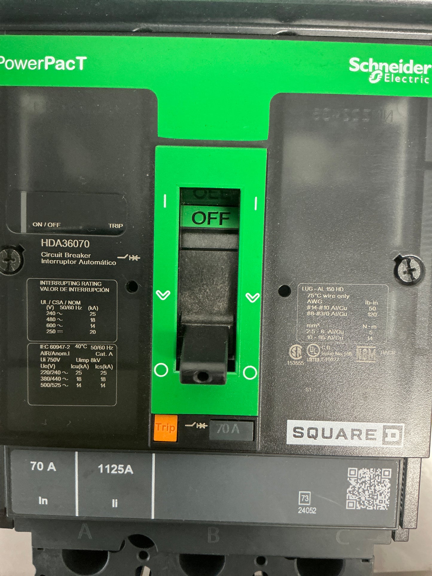 Used Square D HDA36070 3 Pole, 70 Amps, 600 Volts