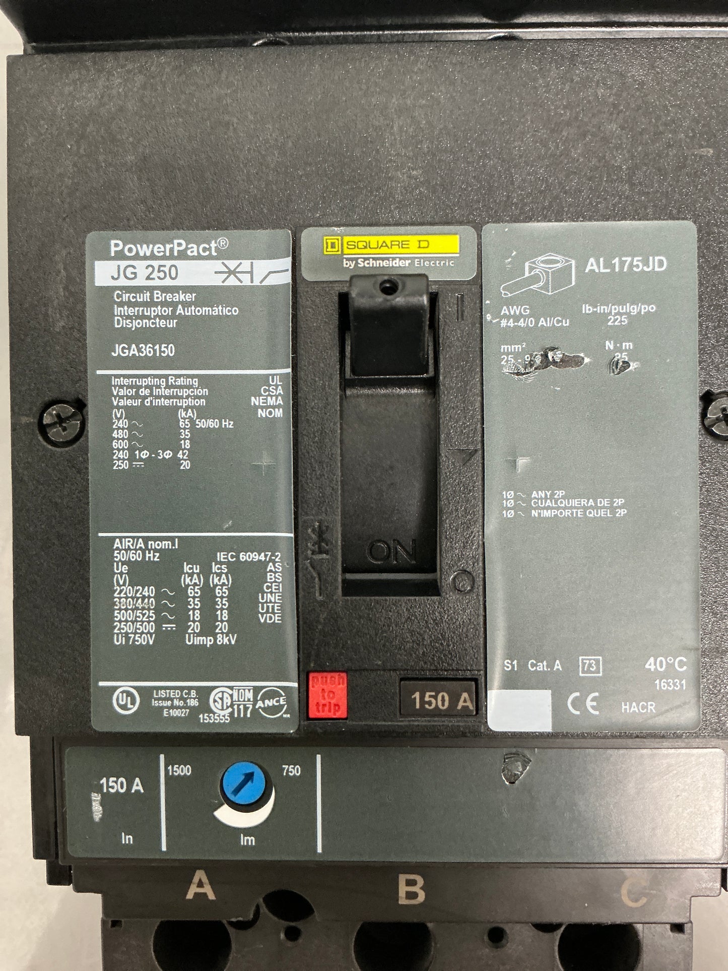 Used Square D JGA36150 3 Pole, 150 Amps, 600 Volts