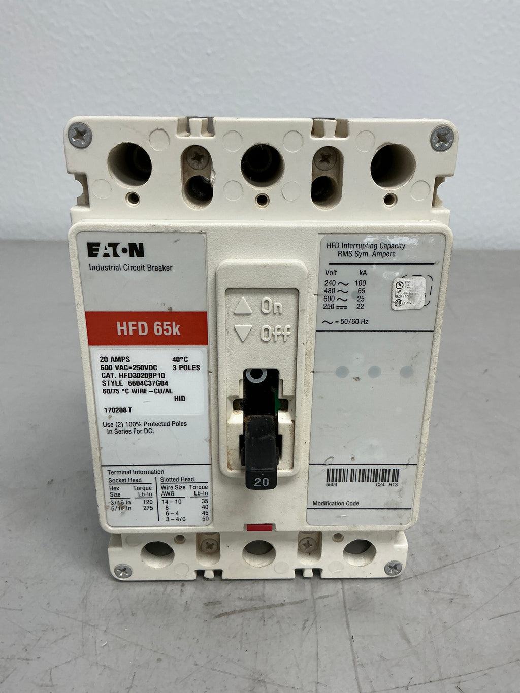 Used Eaton HFD3020BP10 3 Poles, 20 Amps, 600 Volts
