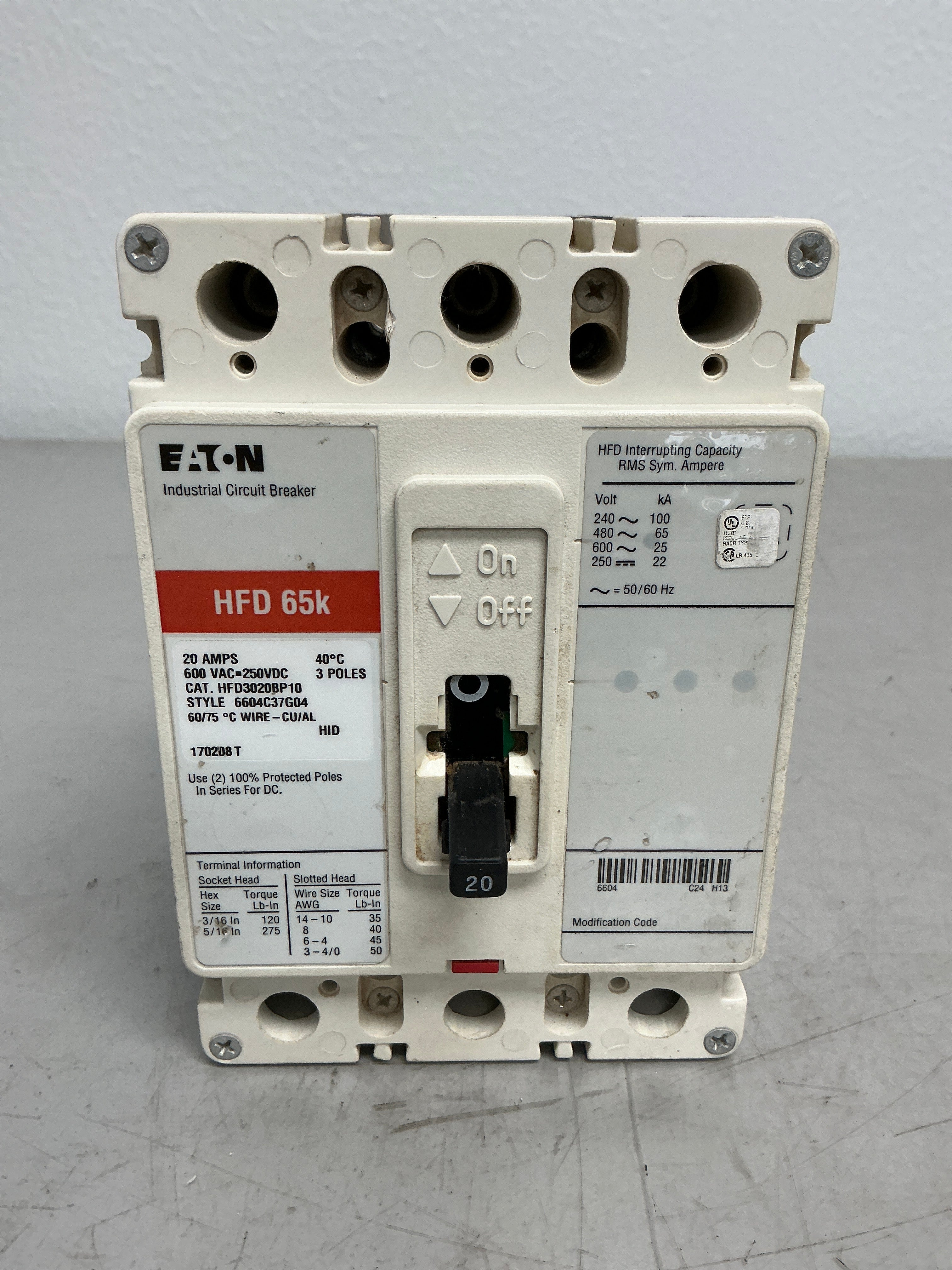 Used Eaton HFD3020BP10 3 Poles, 20 Amps, 600 Volts