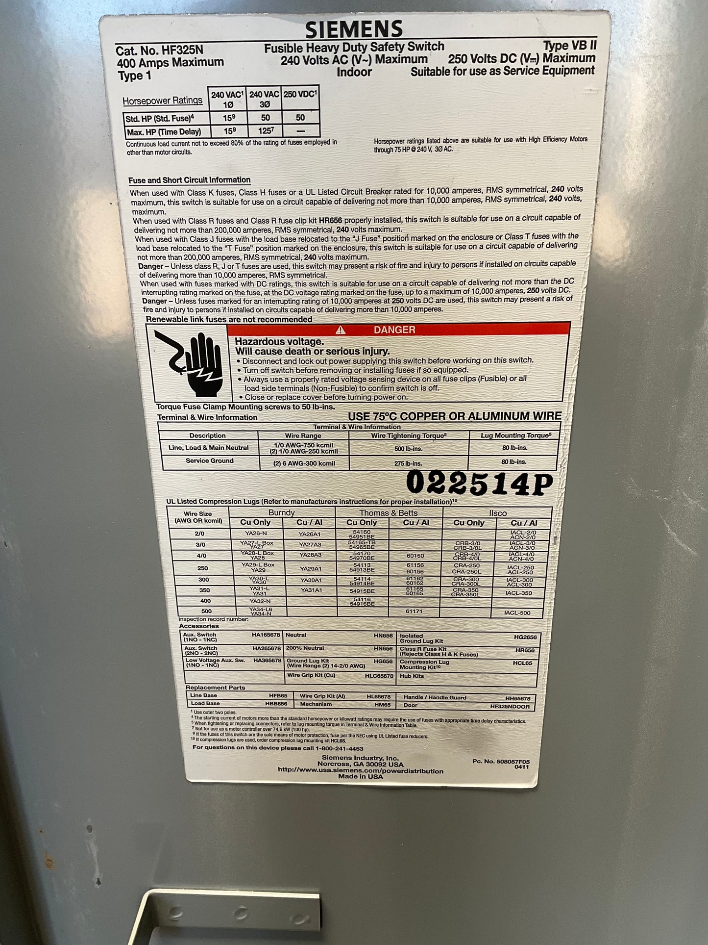 Used Simens HF325N Disconnect 400 Amp 240 Volt Fusible Indoor