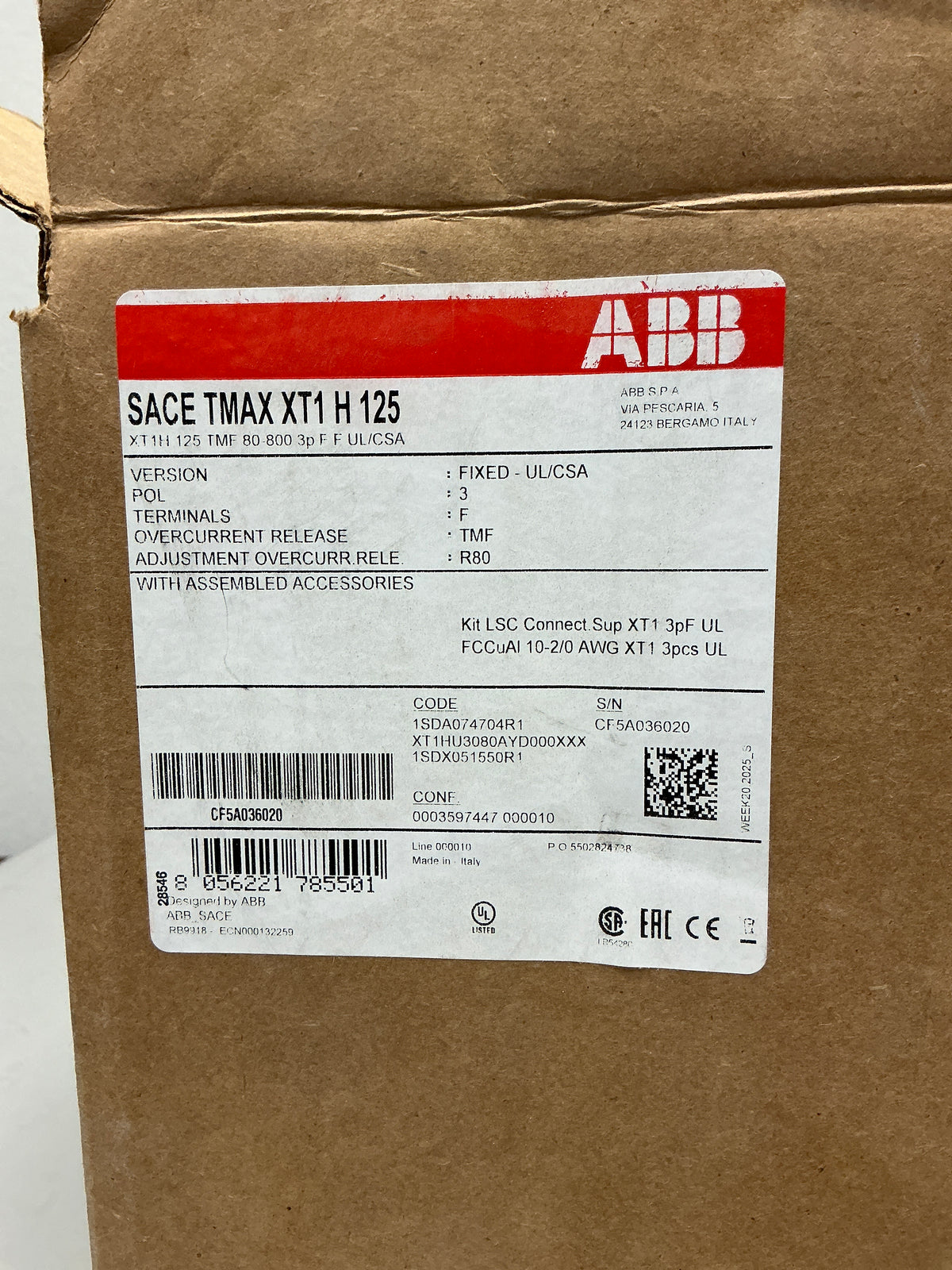 New ABB XT1HU3080AYD000XXX 3 Pole, 80 Amps, 480 Volts, Circuit Breaker