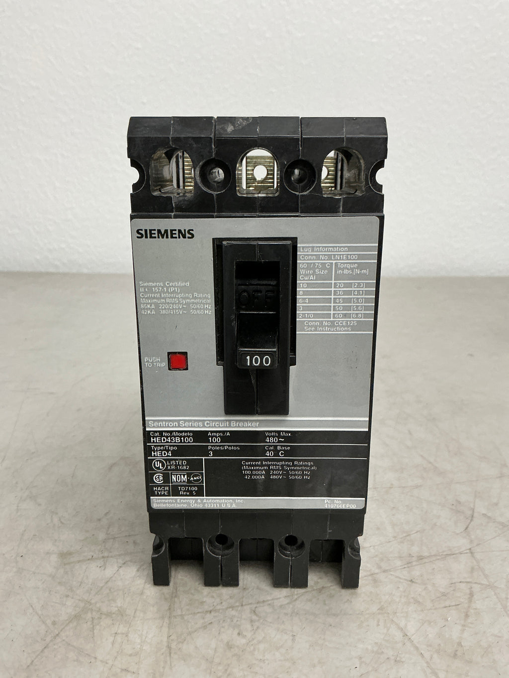 Used Siemens HED43B100 3 Pole, 100 Volts, 480 Volts Circuit Breaker