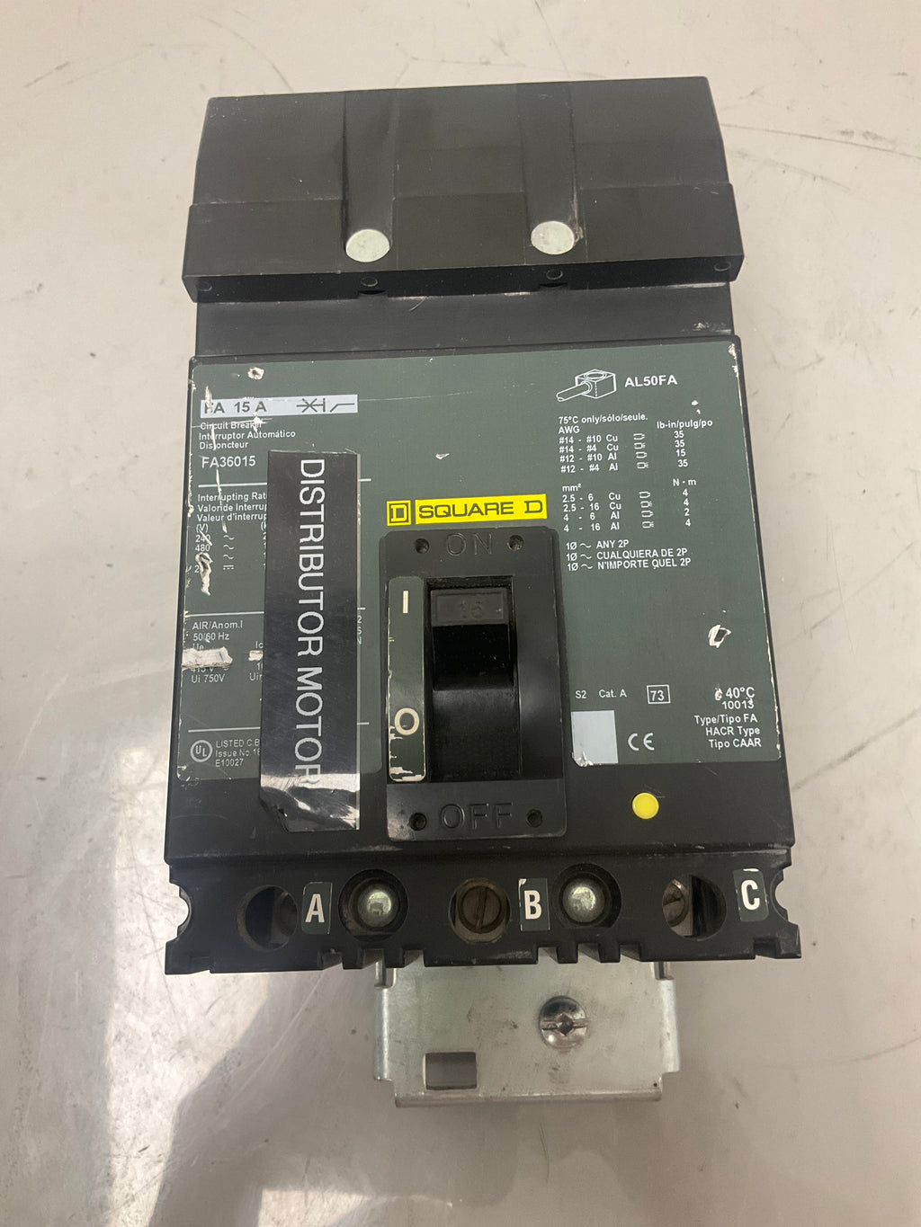 Used Square D FA36015 3 Pole, 15 Amps, 600 Volts Circuit Breaker