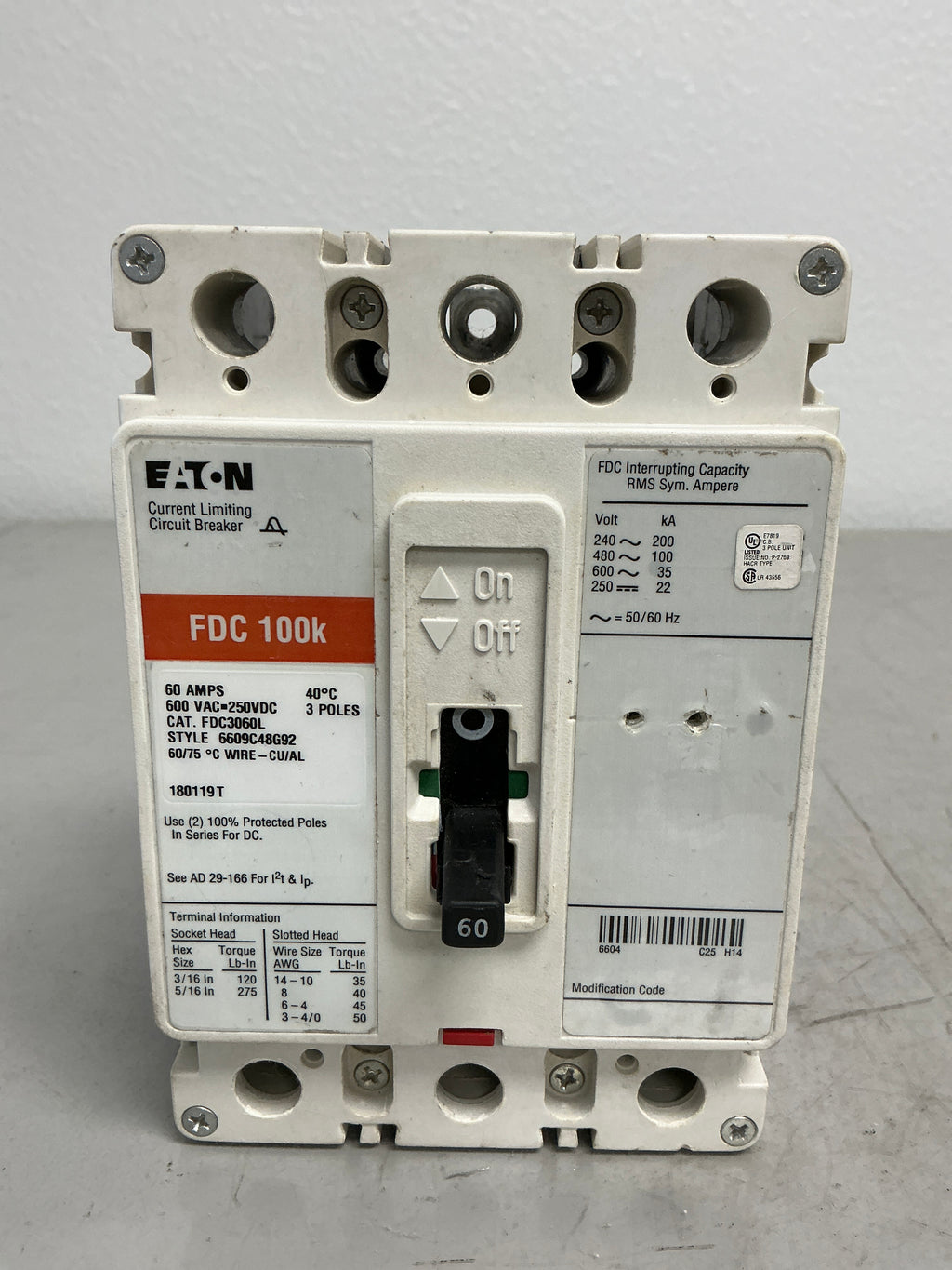 Used Eaton FDC3060L 3 Poles, 60 Amps, 600 Volts