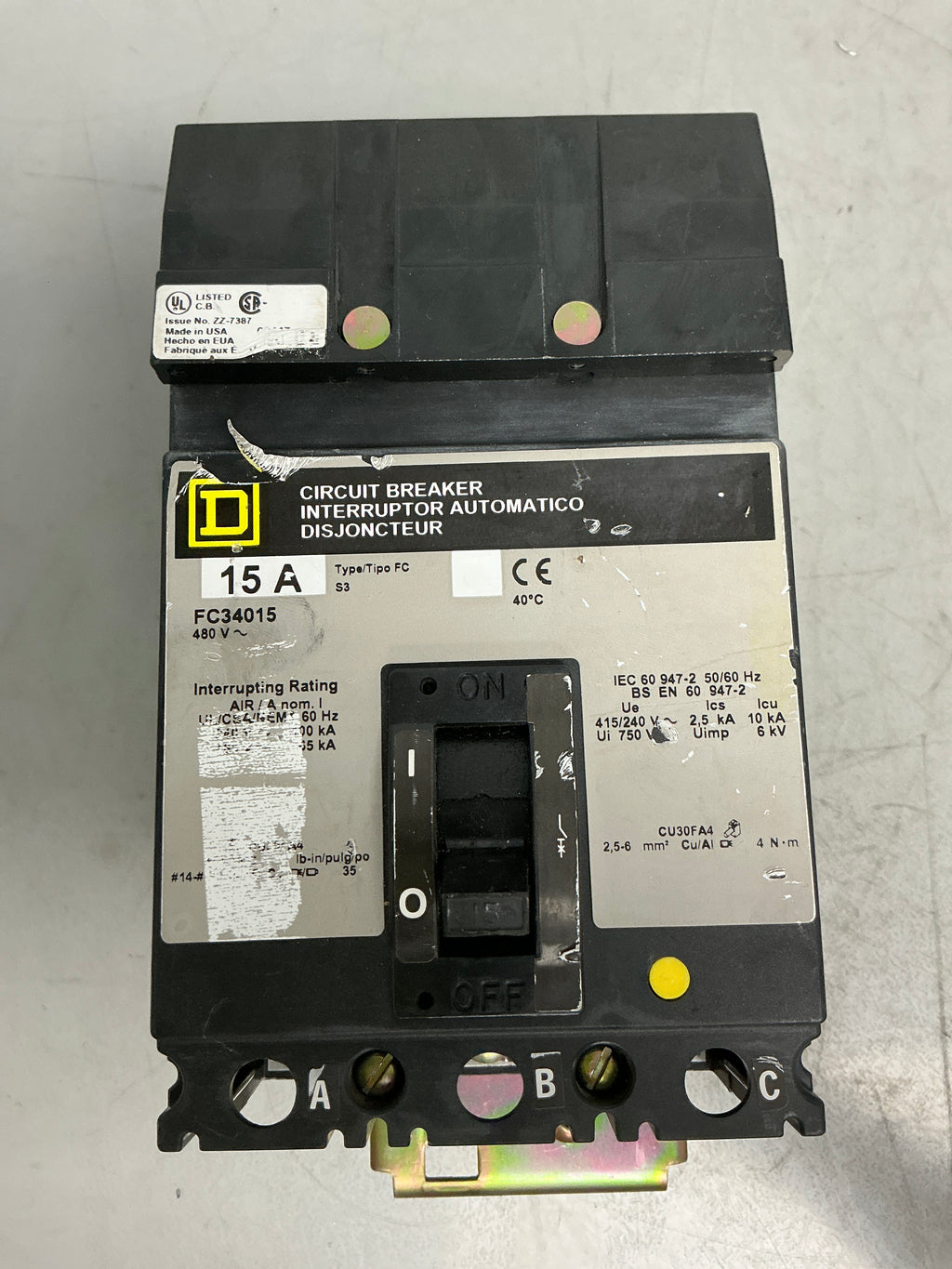 Used Square D FC34015 3 Pole, 15 Amps, 480 Volts Circuit Breaker