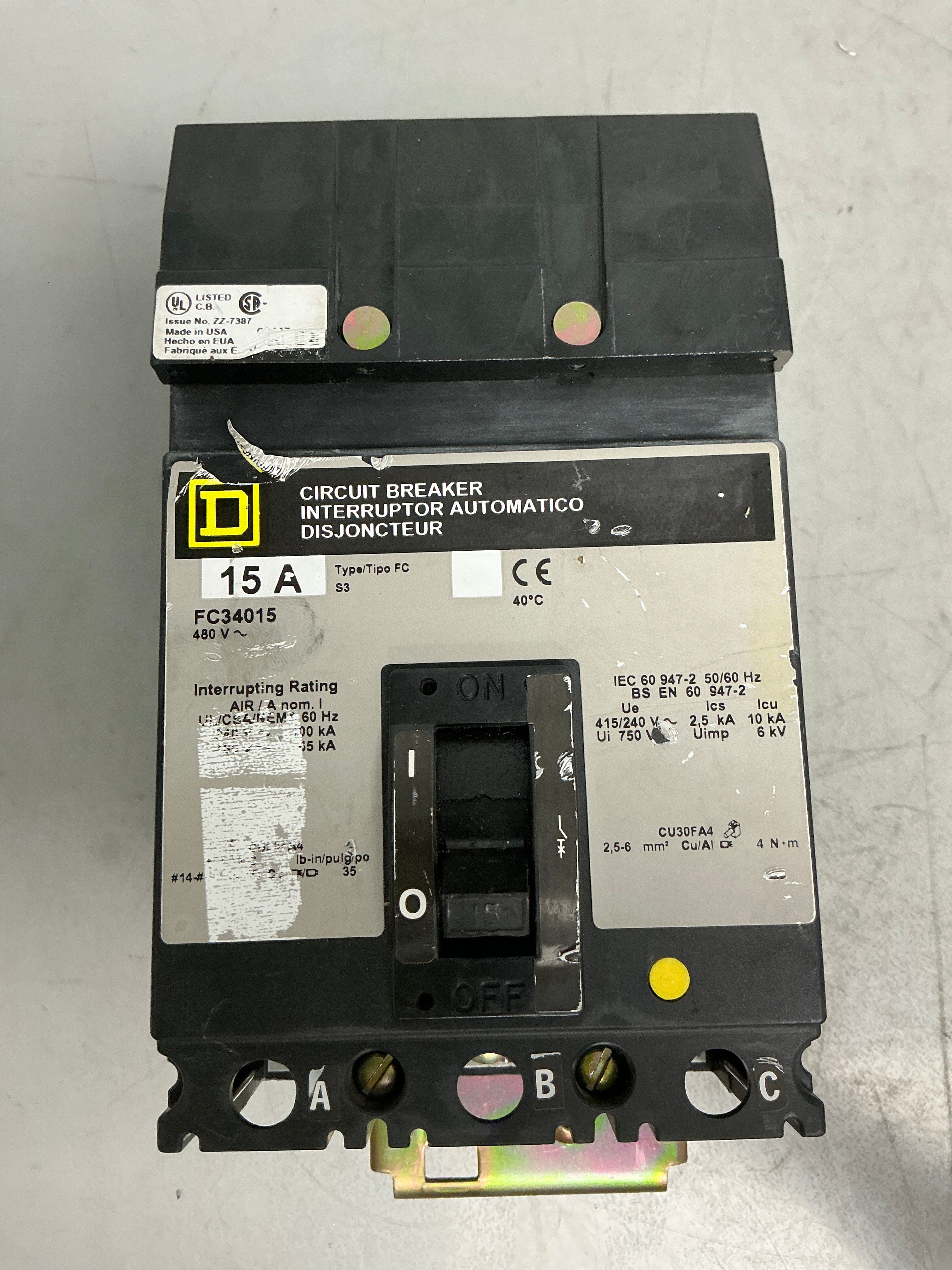 Used Square D FC34015 3 Pole, 15 Amps, 480 Volts Circuit Breaker