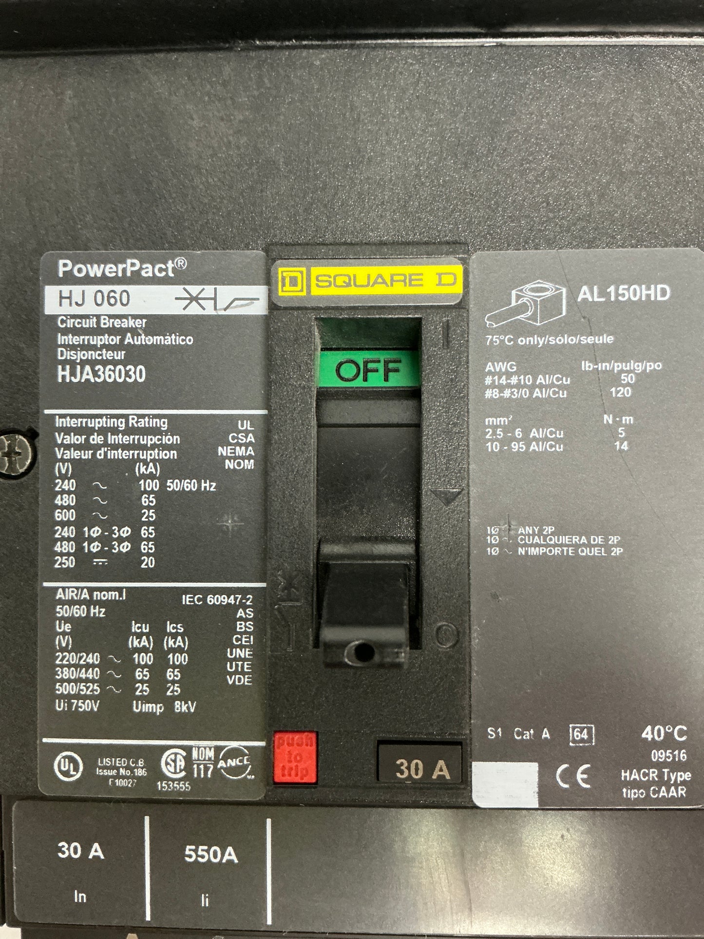 Used Square D HJA36030 3 Pole, 30 Amps, 600 Volts