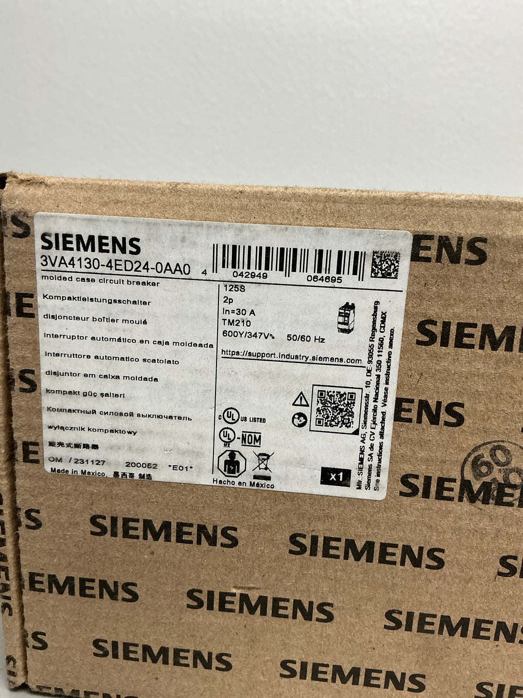 New Siemens 3VA4130-4ED24-0AA0 2 Pole, 30 Amps Circuit Breaker