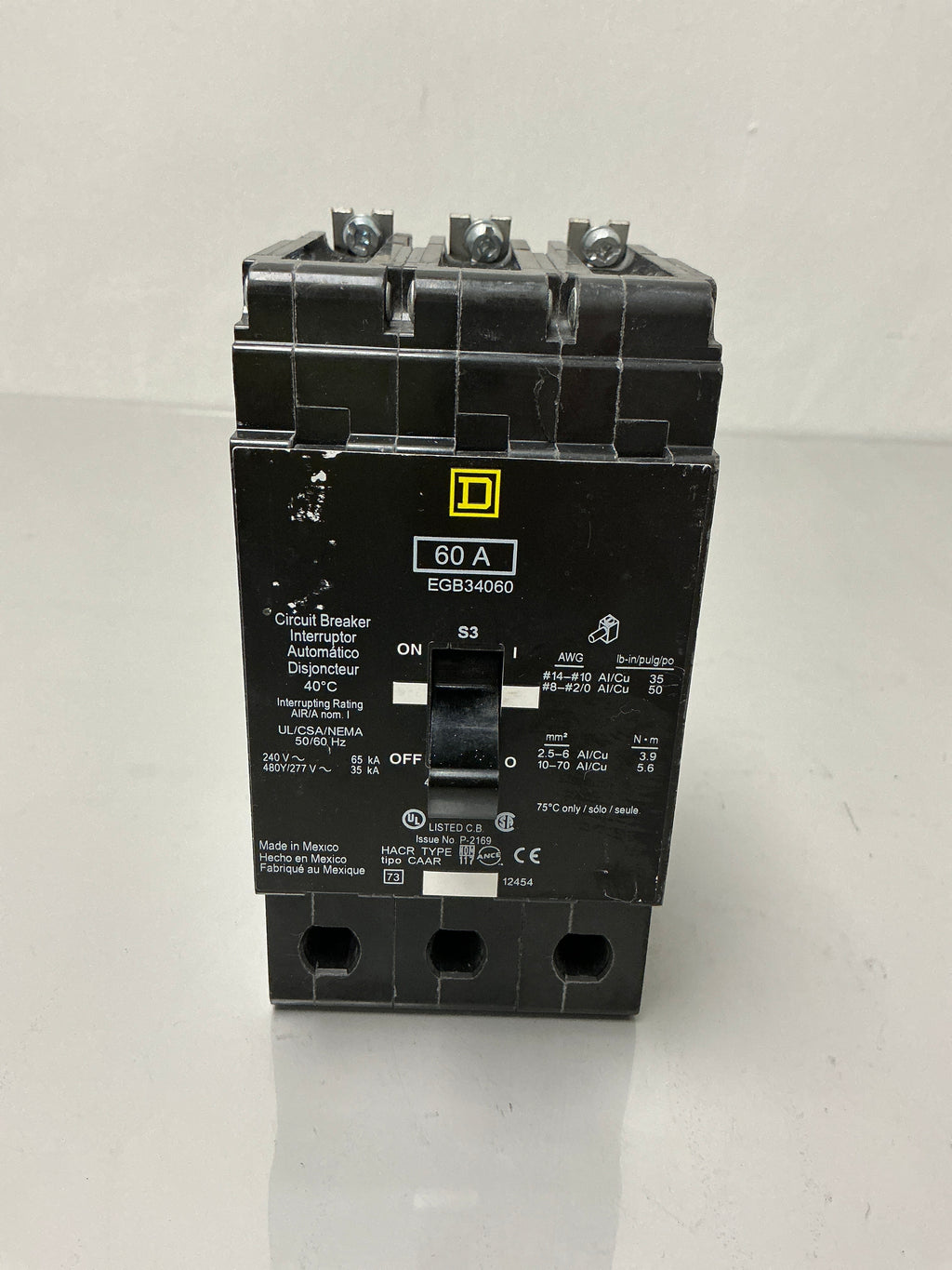 Used Square D EGB34060 3 Pole, 60 Amps, 480 Volts Circuit Breaker