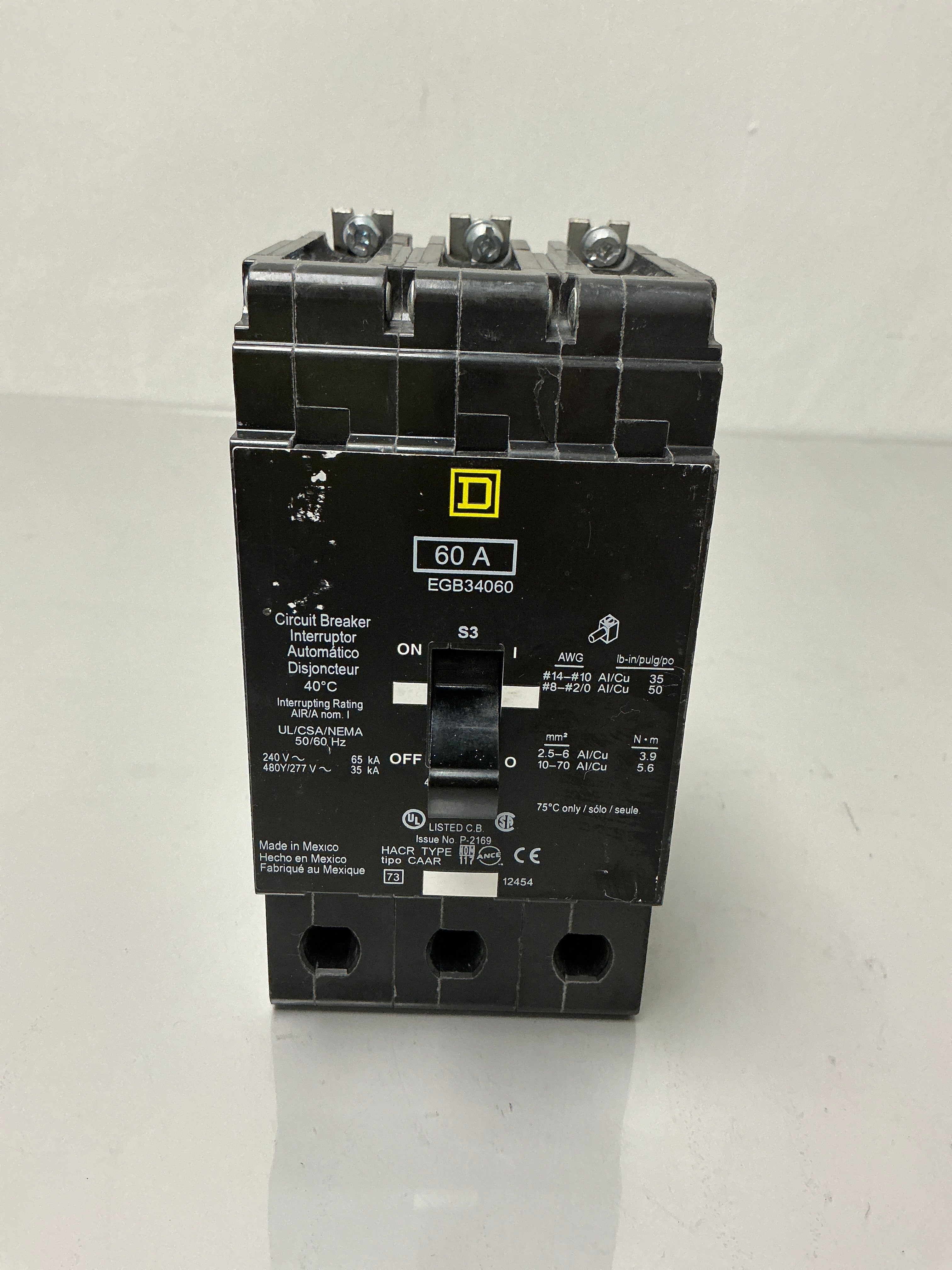 Used Square D EGB34060 3 Pole, 60 Amps, 480 Volts Circuit Breaker