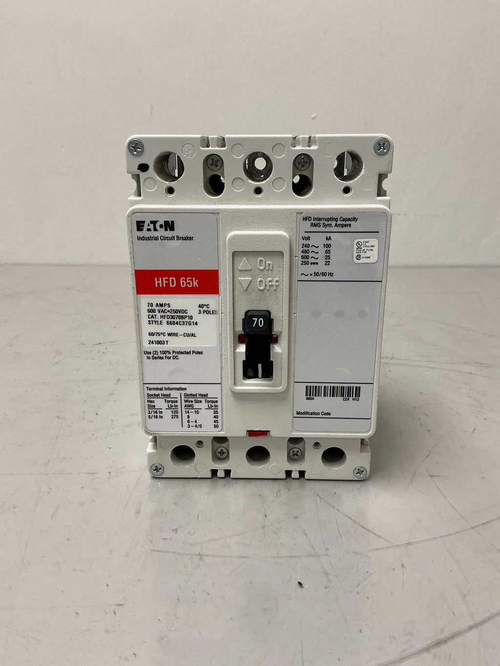 New Eaton HFD3070BP10 3Pole, 70Amps, 600 Volt Circuit Breaker