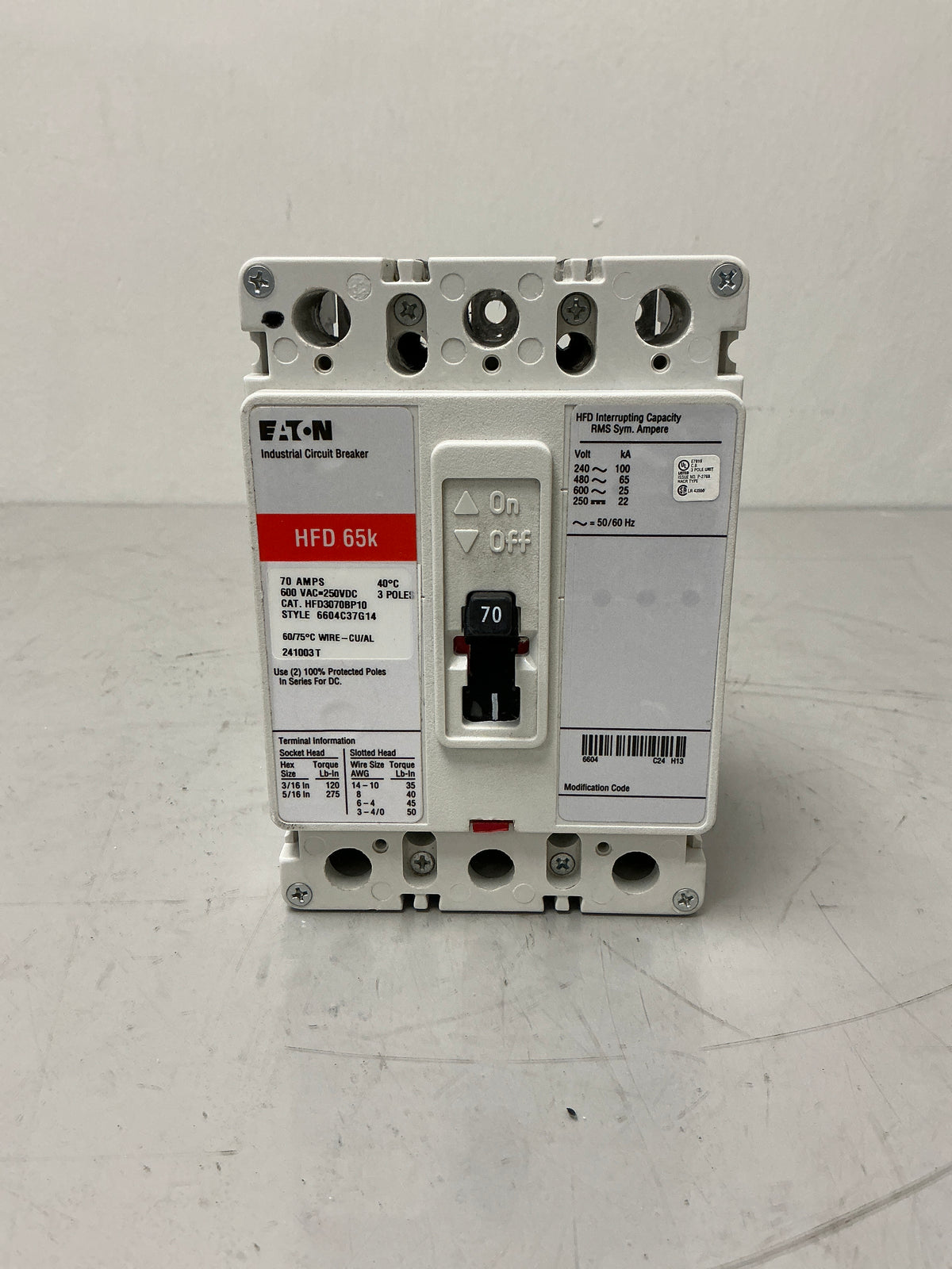 New Eaton HFD3070BP10 3Pole, 70Amps, 600 Volt Circuit Breaker