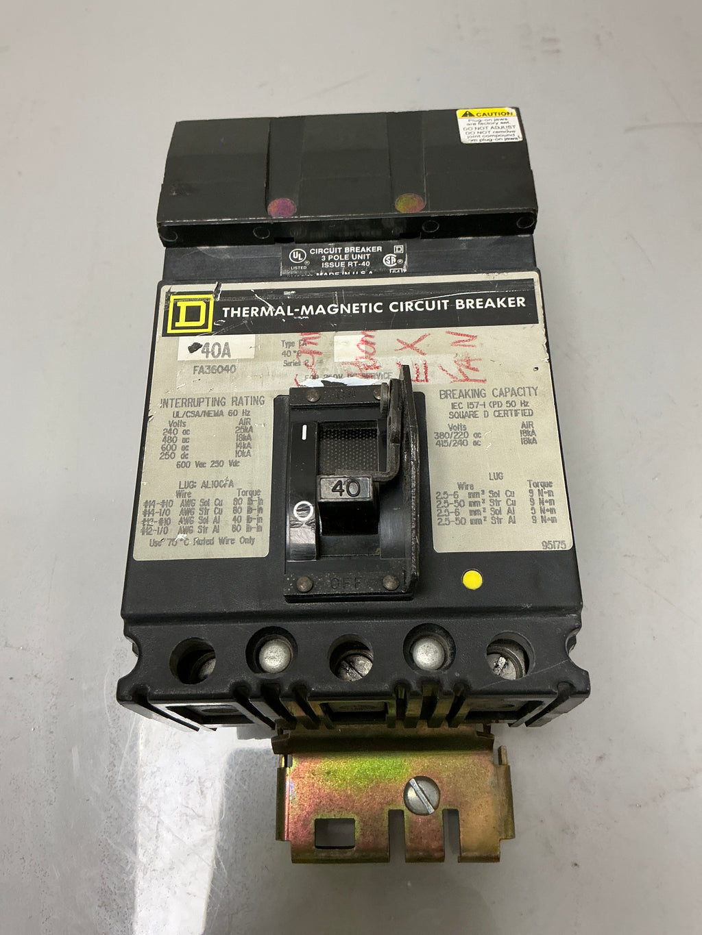 Used Square D FA36040 3 Pole, 40 Amps, 600 Volts Circuit Breaker