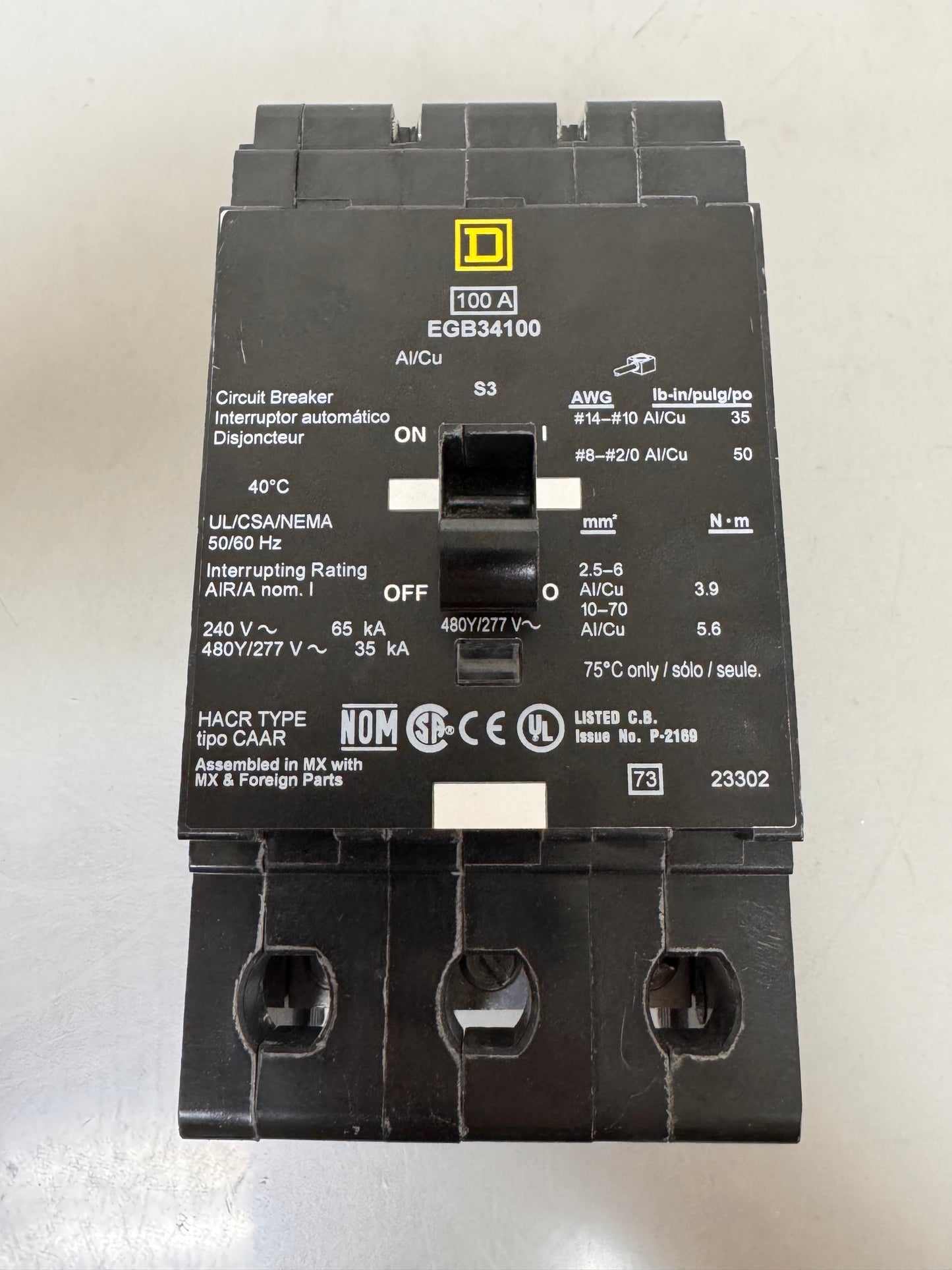 Used Square D EGB34100 100 Amp, 3 Pole, 480 Volt Breaker