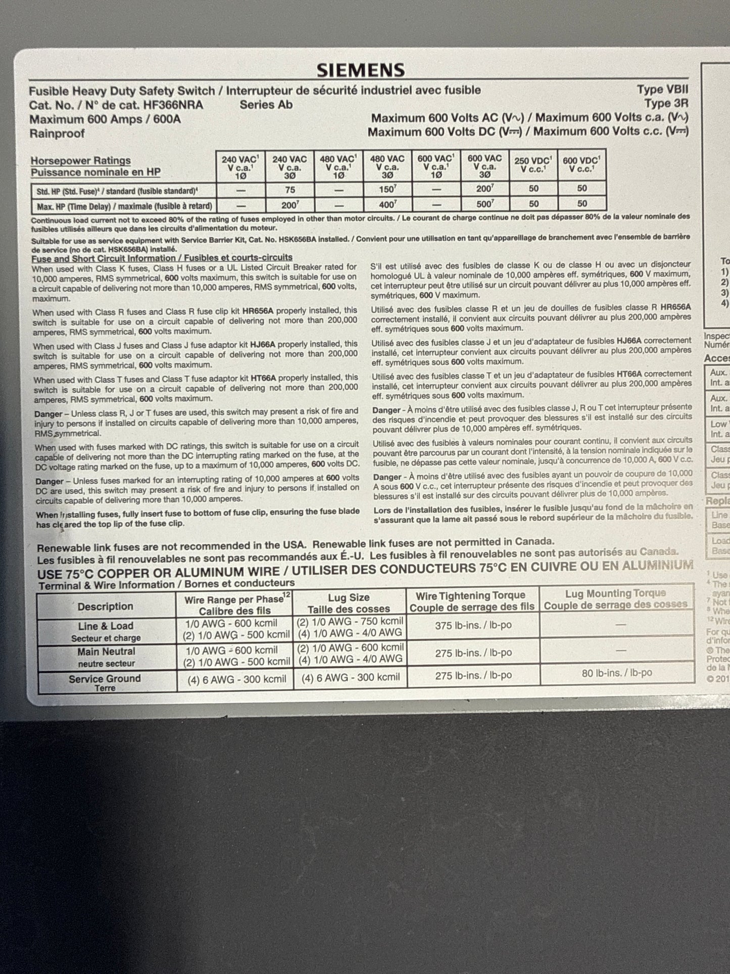 Used Siemens HF366NRA Disconnect 600 Amp 600 Volt Fusbile Outdoor 3R