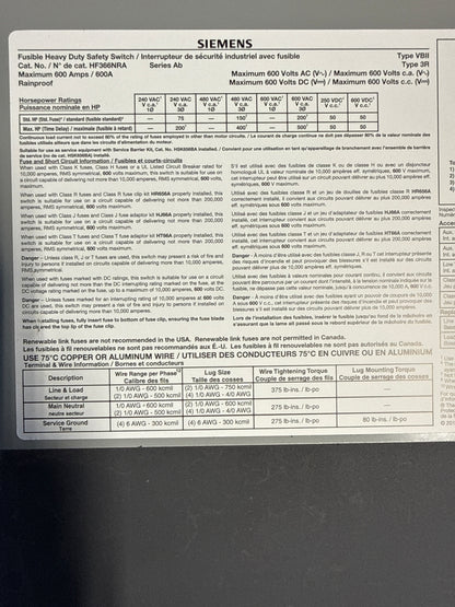 Used Siemens HF366NRA Disconnect 600 Amp 600 Volt Fusbile Outdoor 3R