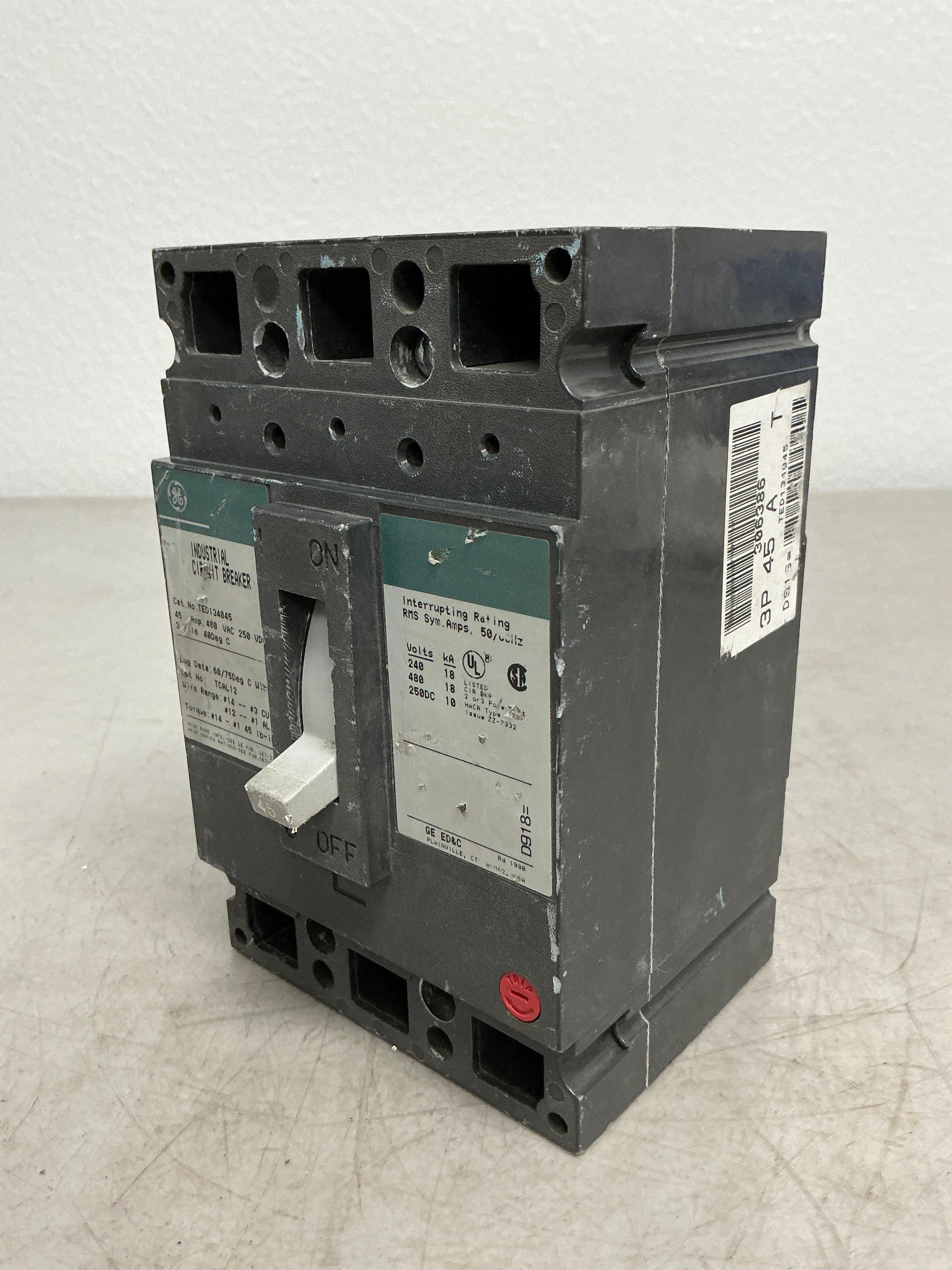 Used TED134045 3 Pole, 45 Amps, 480 Volts Circuit Breaker